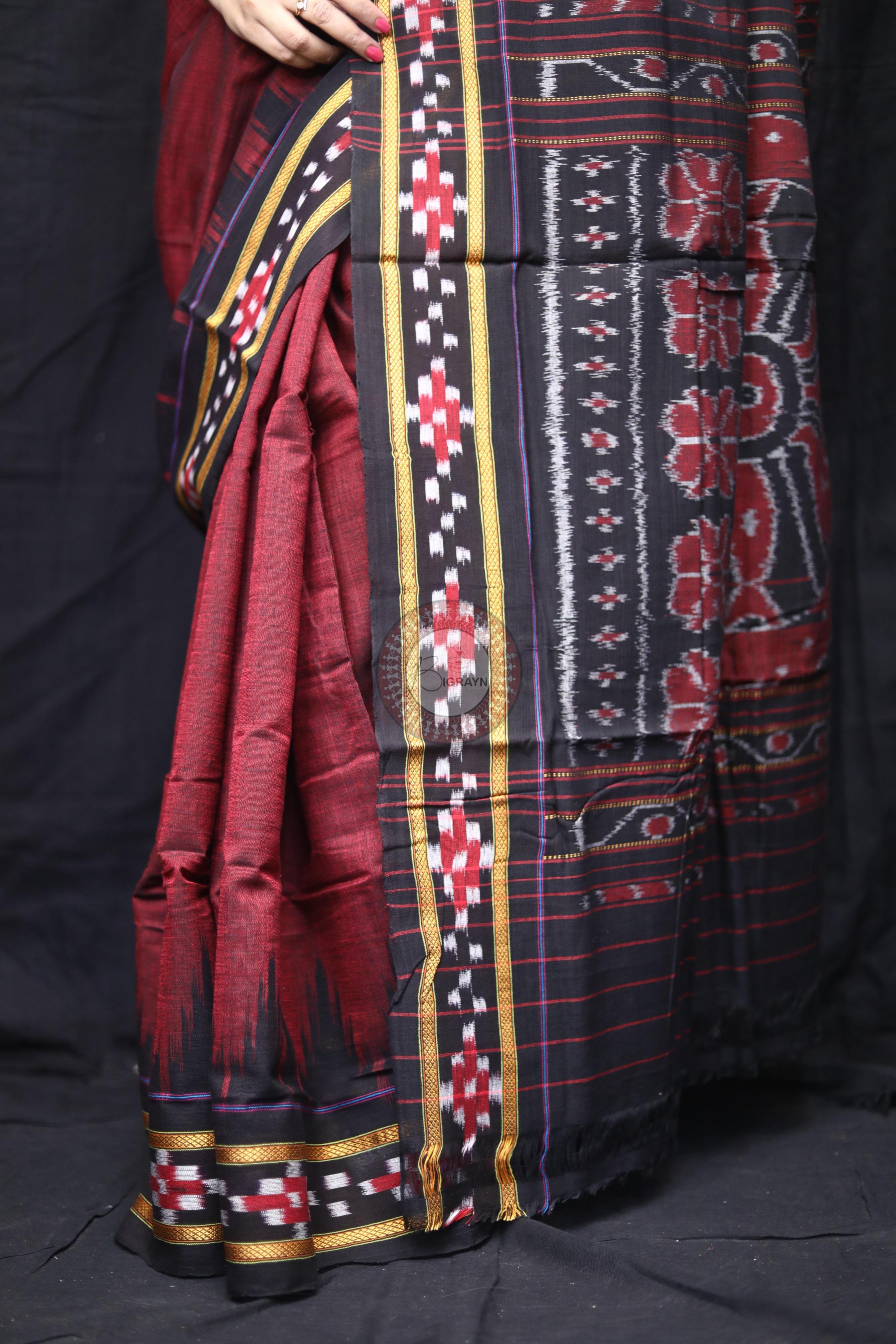Maroon Black Rekha Pasapali Khandua Cotton Saree