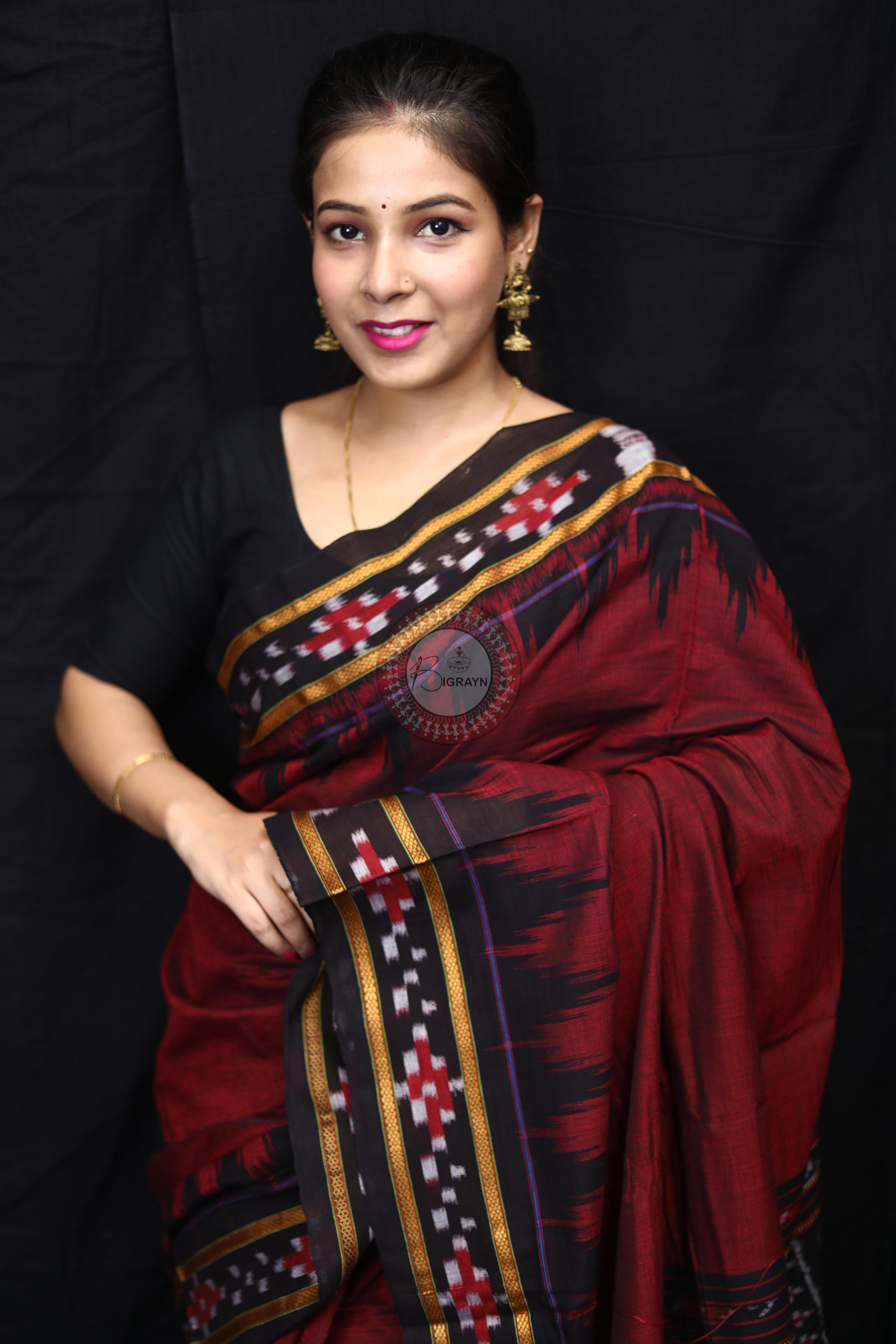 Maroon Black Rekha Pasapali Khandua Cotton Saree