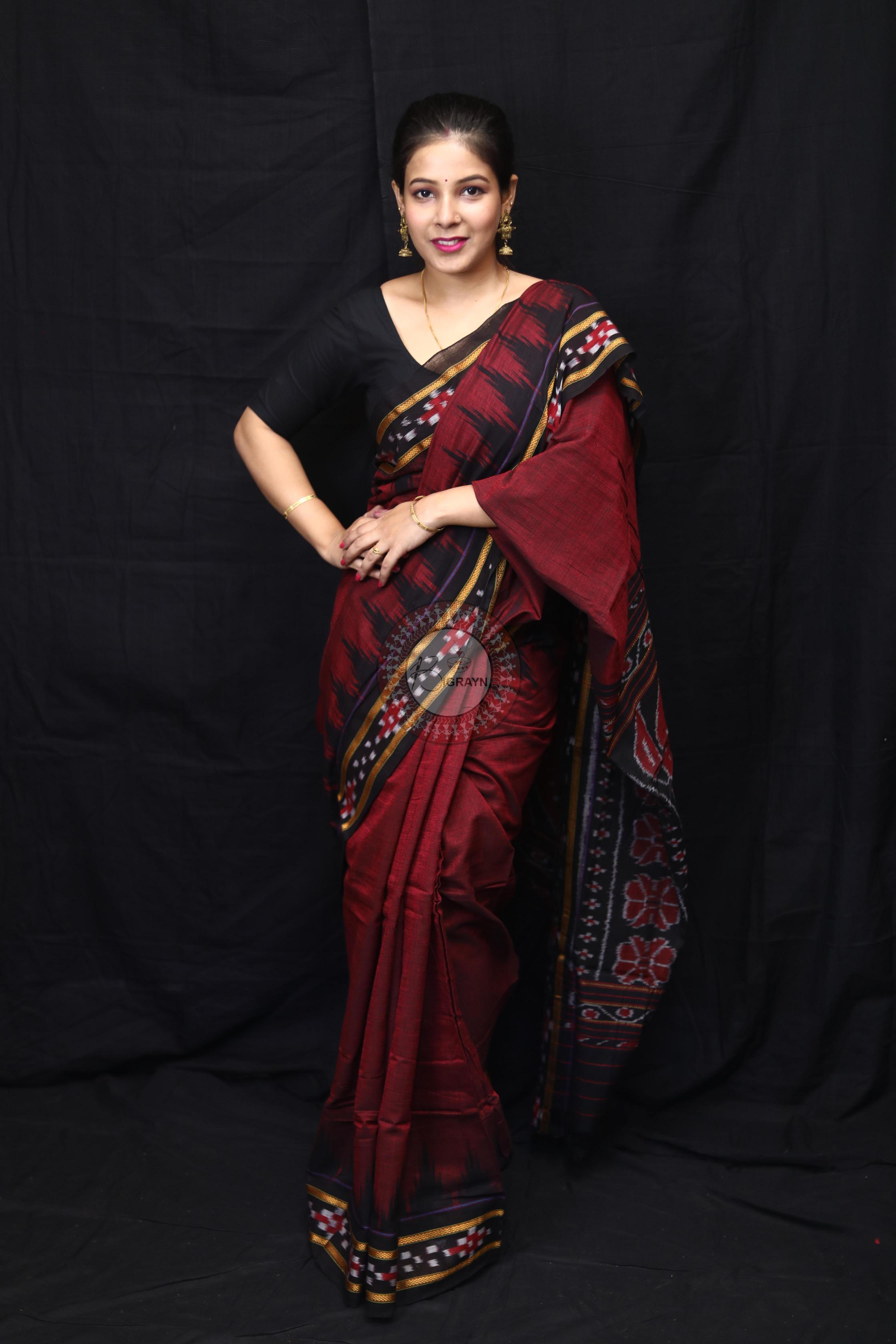 Maroon Black Rekha Pasapali Khandua Cotton Saree