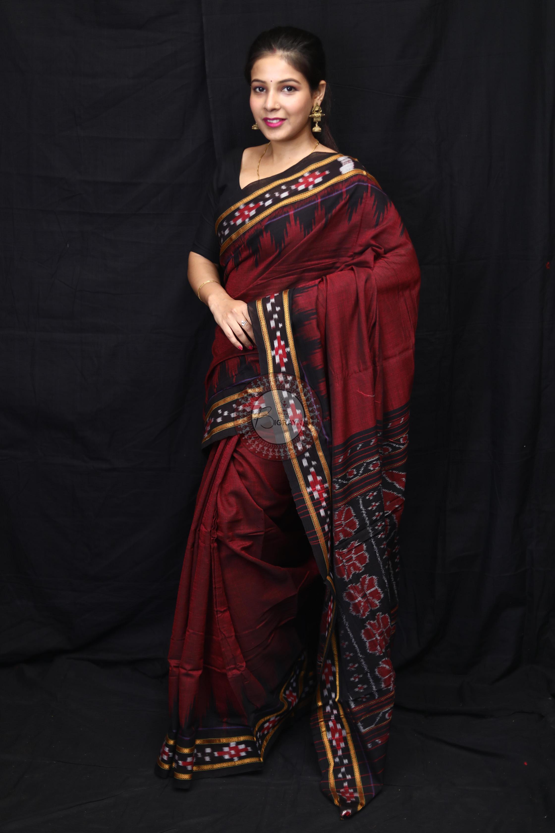 Maroon Black Rekha Pasapali Khandua Cotton Saree