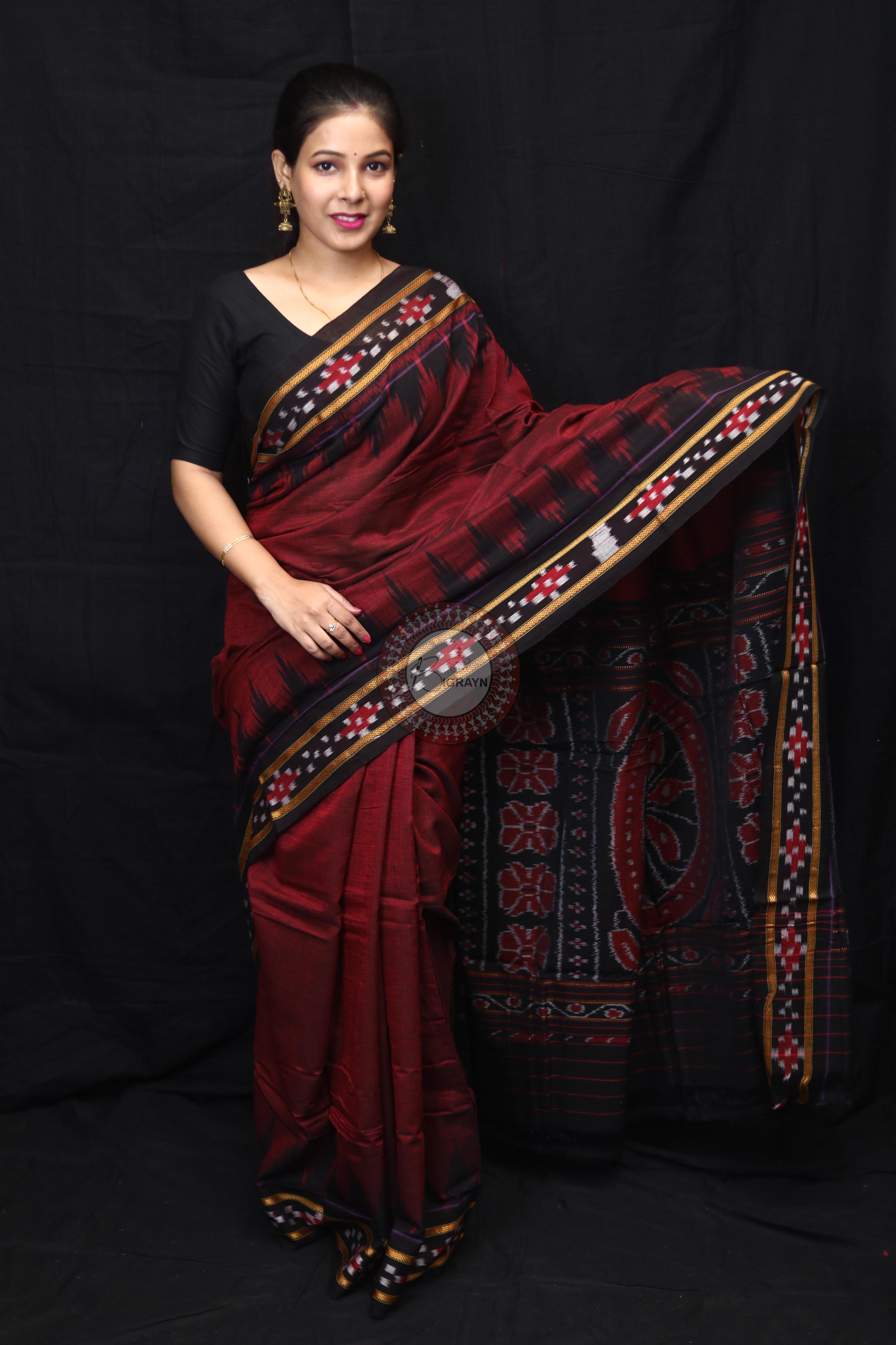 Maroon Black Rekha Pasapali Khandua Cotton Saree