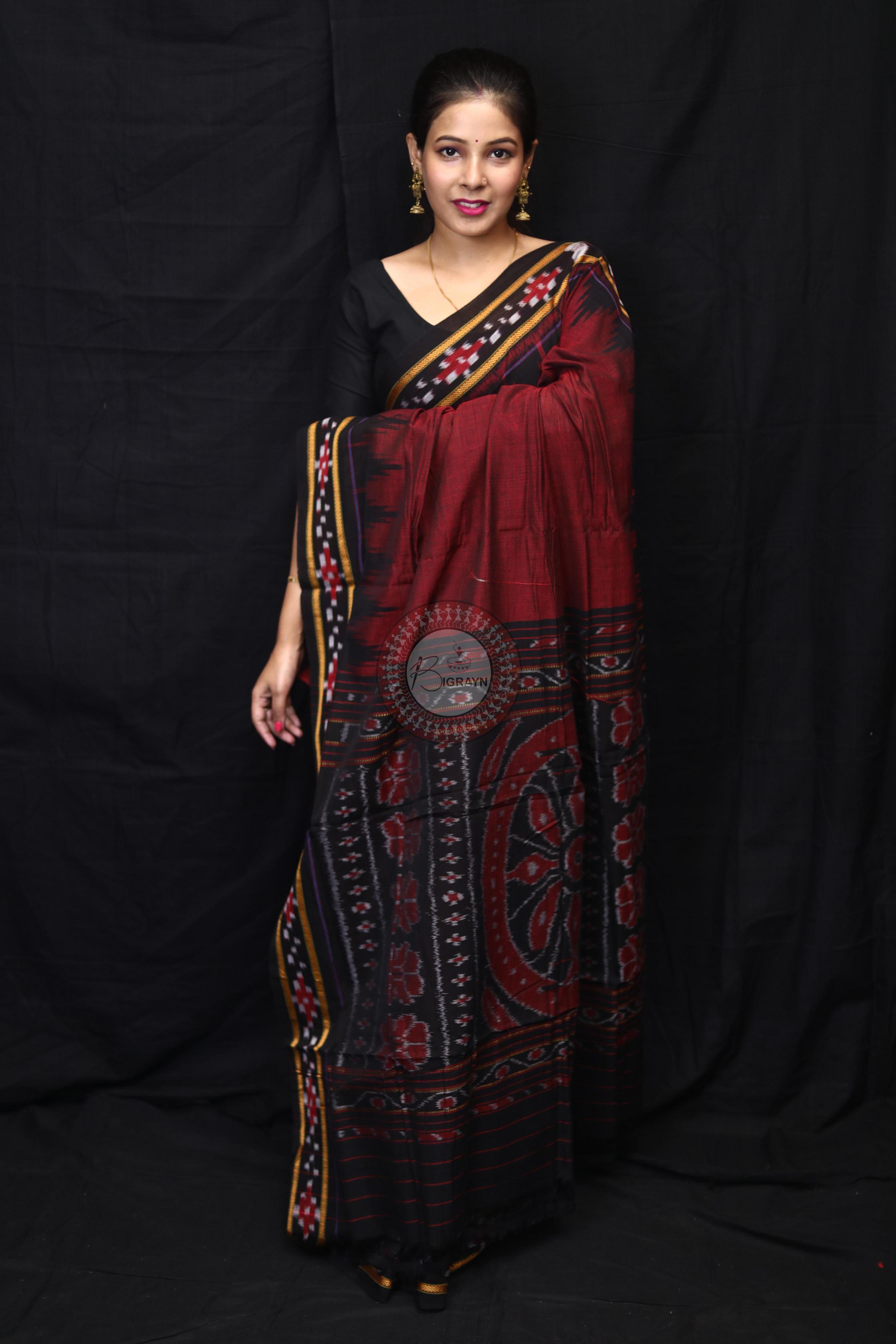 Maroon Black Rekha Pasapali Khandua Cotton Saree