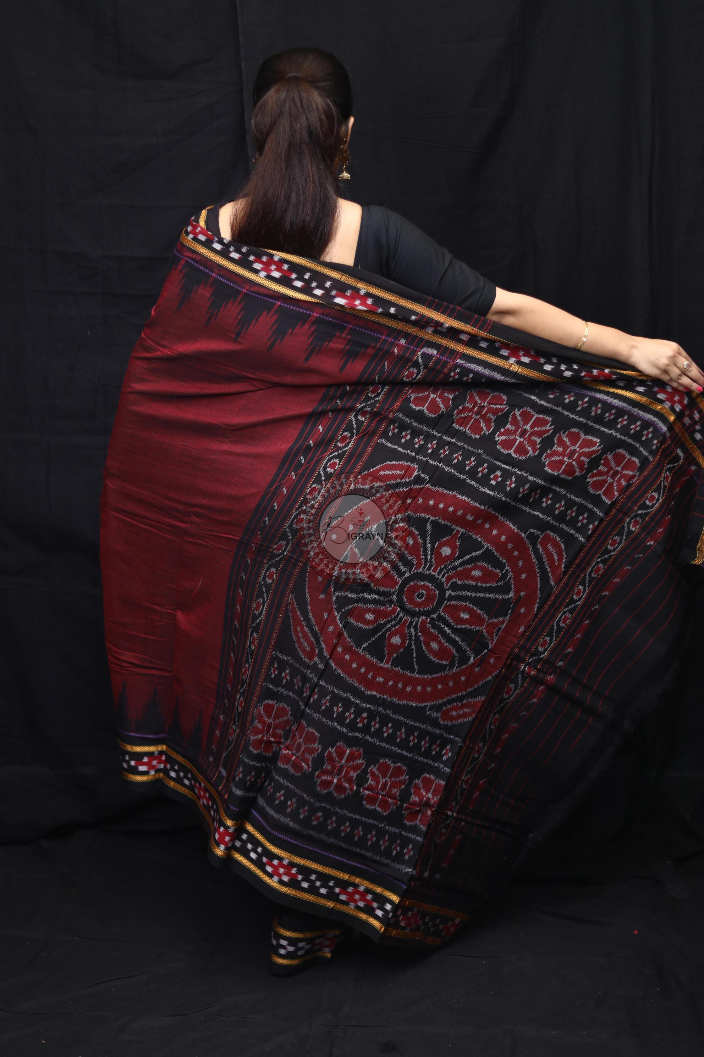 Maroon Black Rekha Pasapali Khandua Cotton Saree