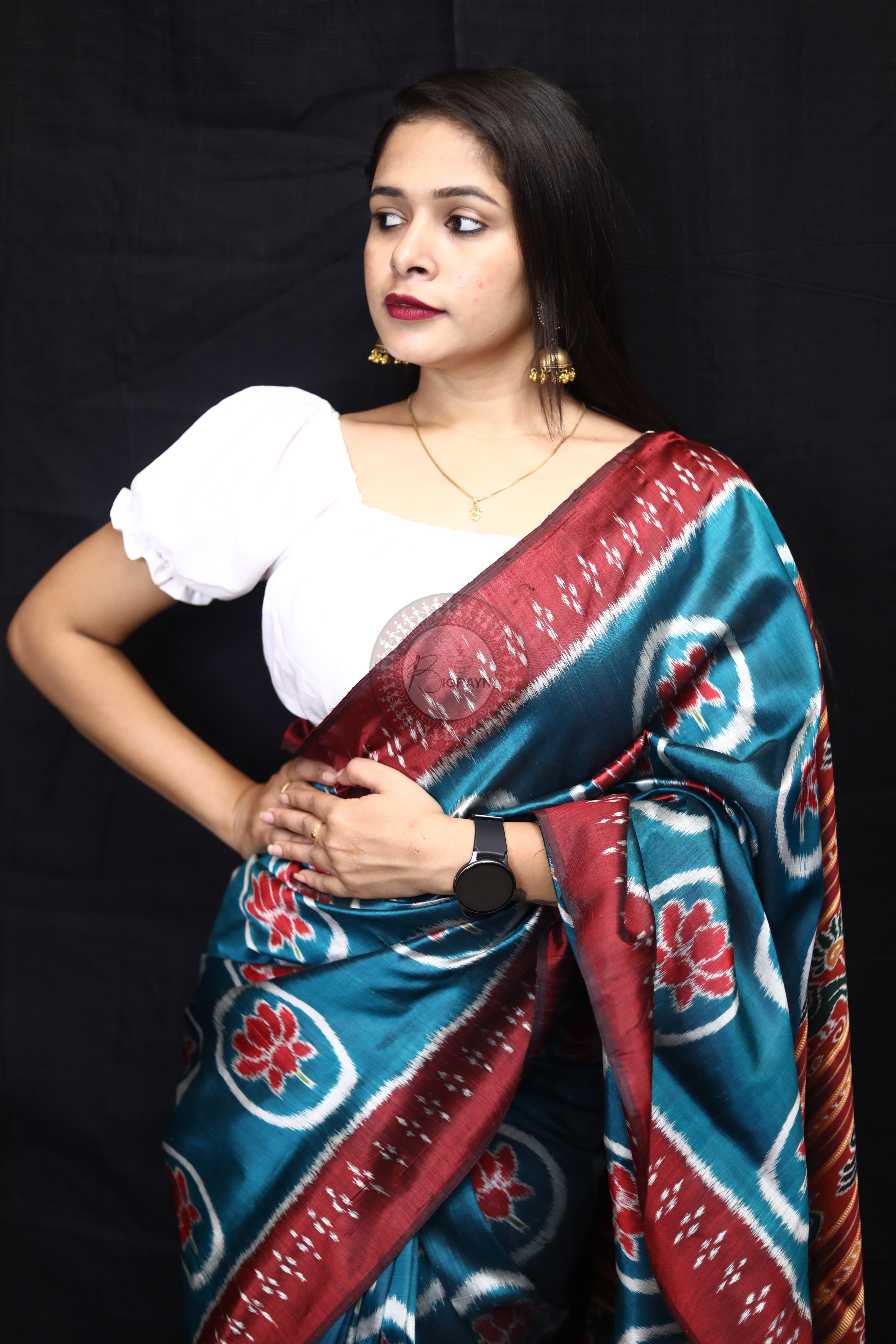 Teal Blue Circle Lotus Mulberry Silk Saree