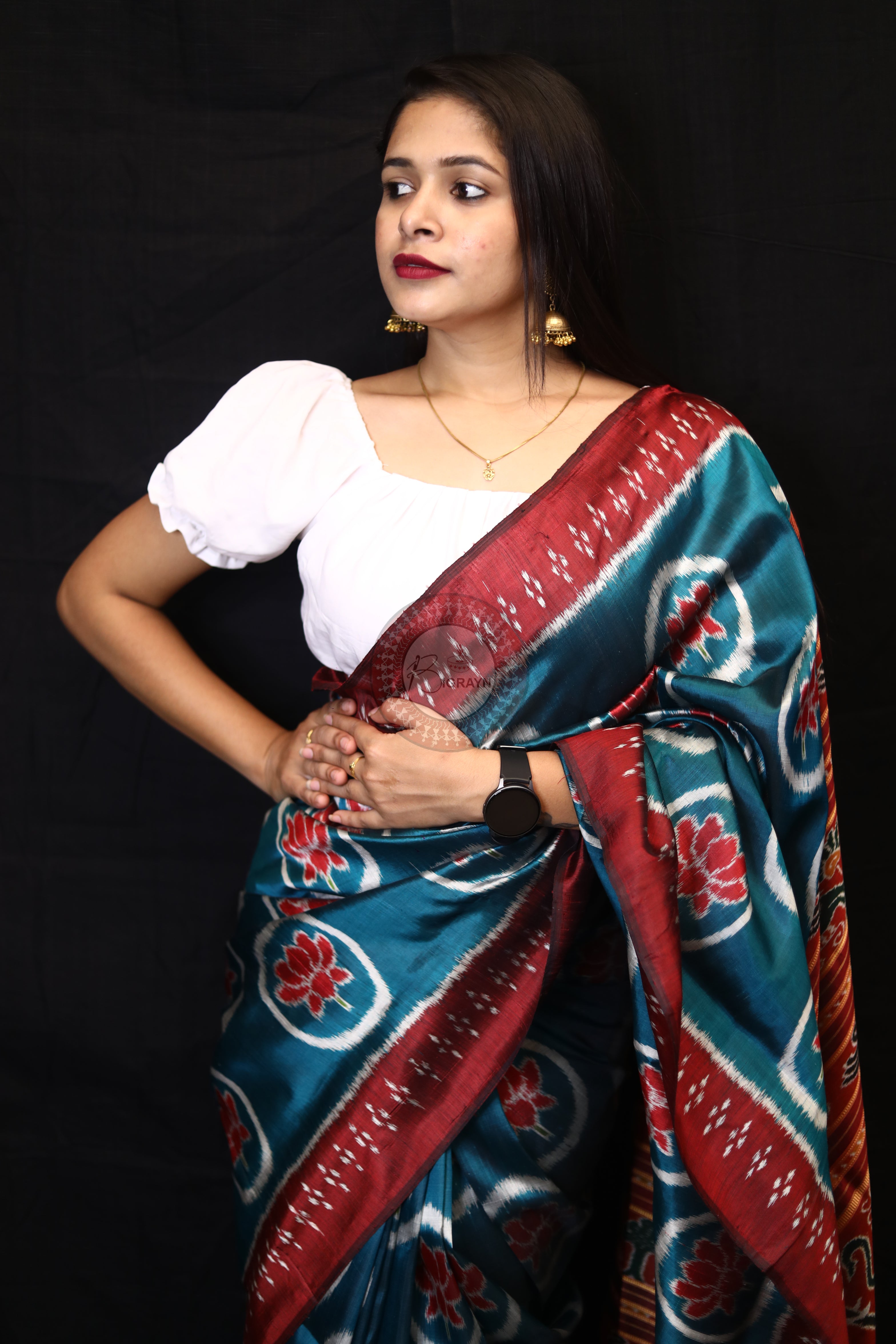 Teal Blue Circle Lotus Mulberry Silk Saree