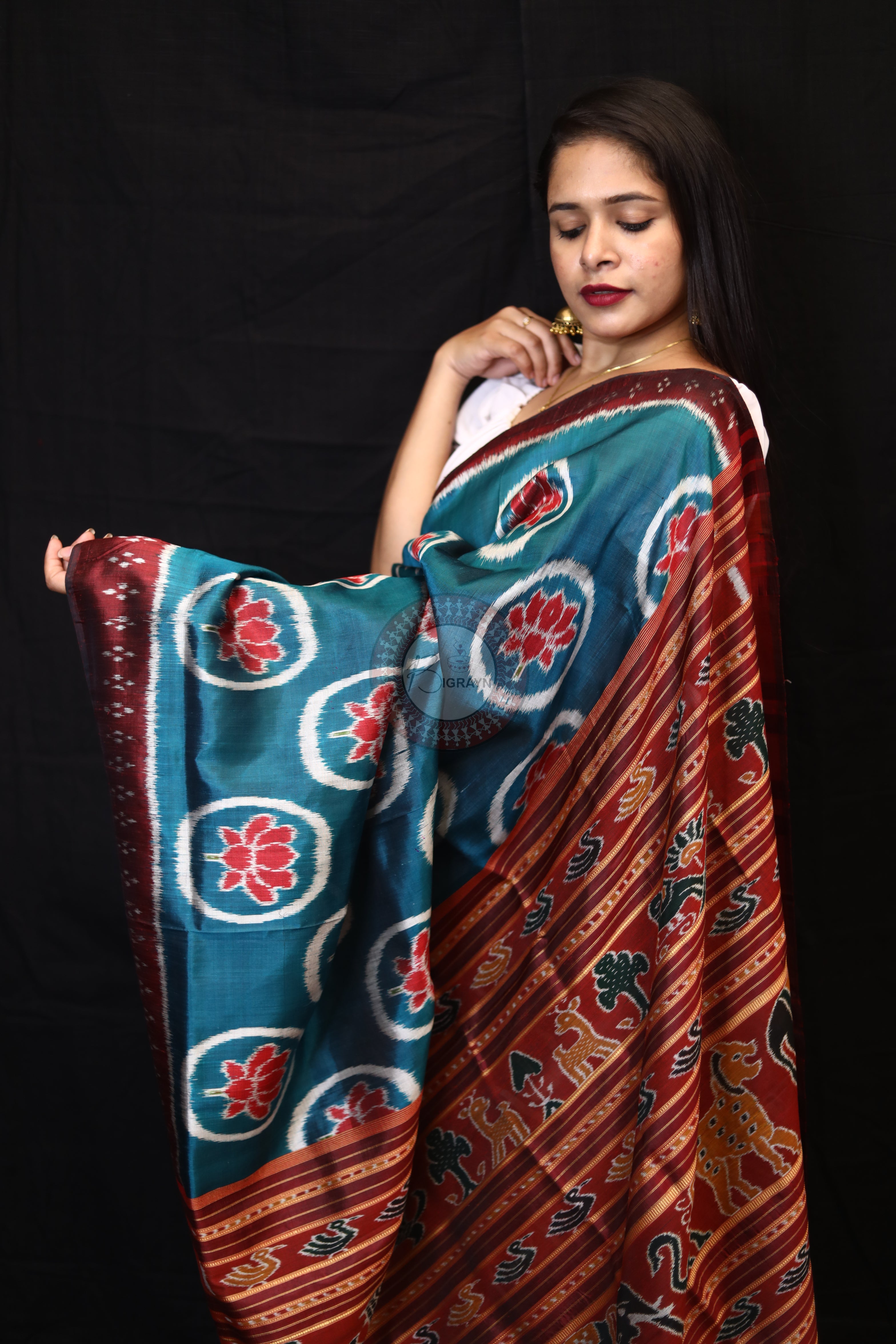 Teal Blue Circle Lotus Mulberry Silk Saree