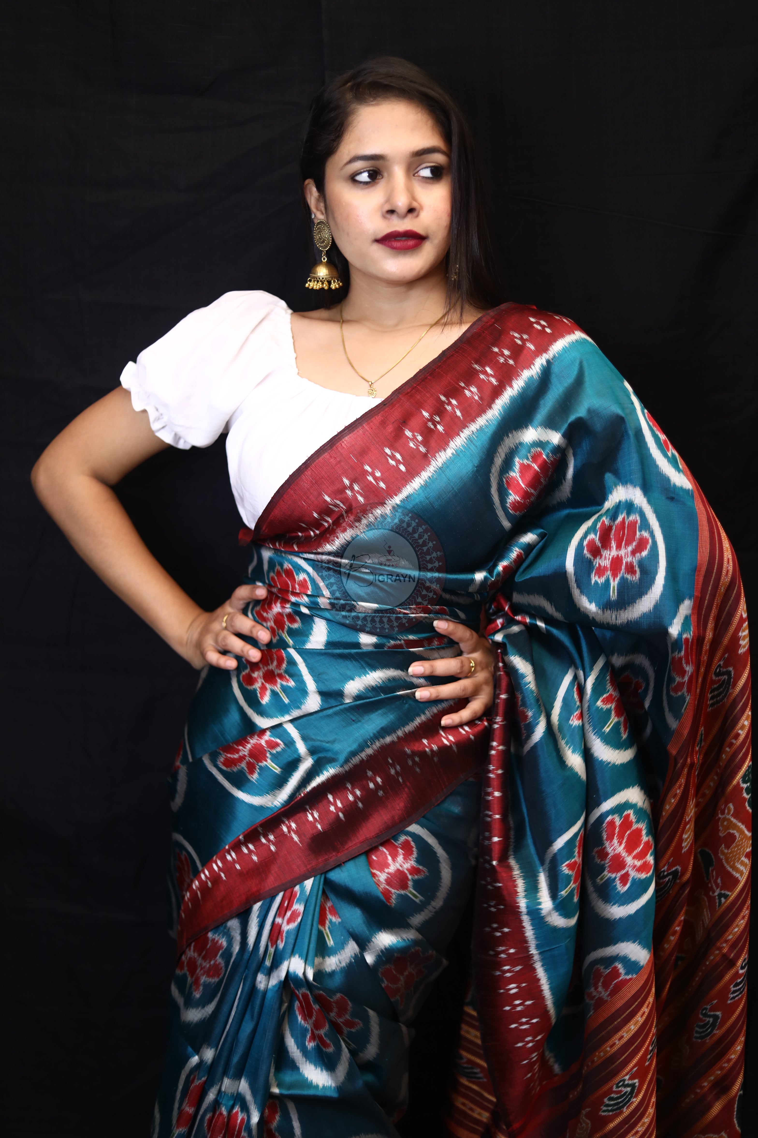 Teal Blue Circle Lotus Mulberry Silk Saree