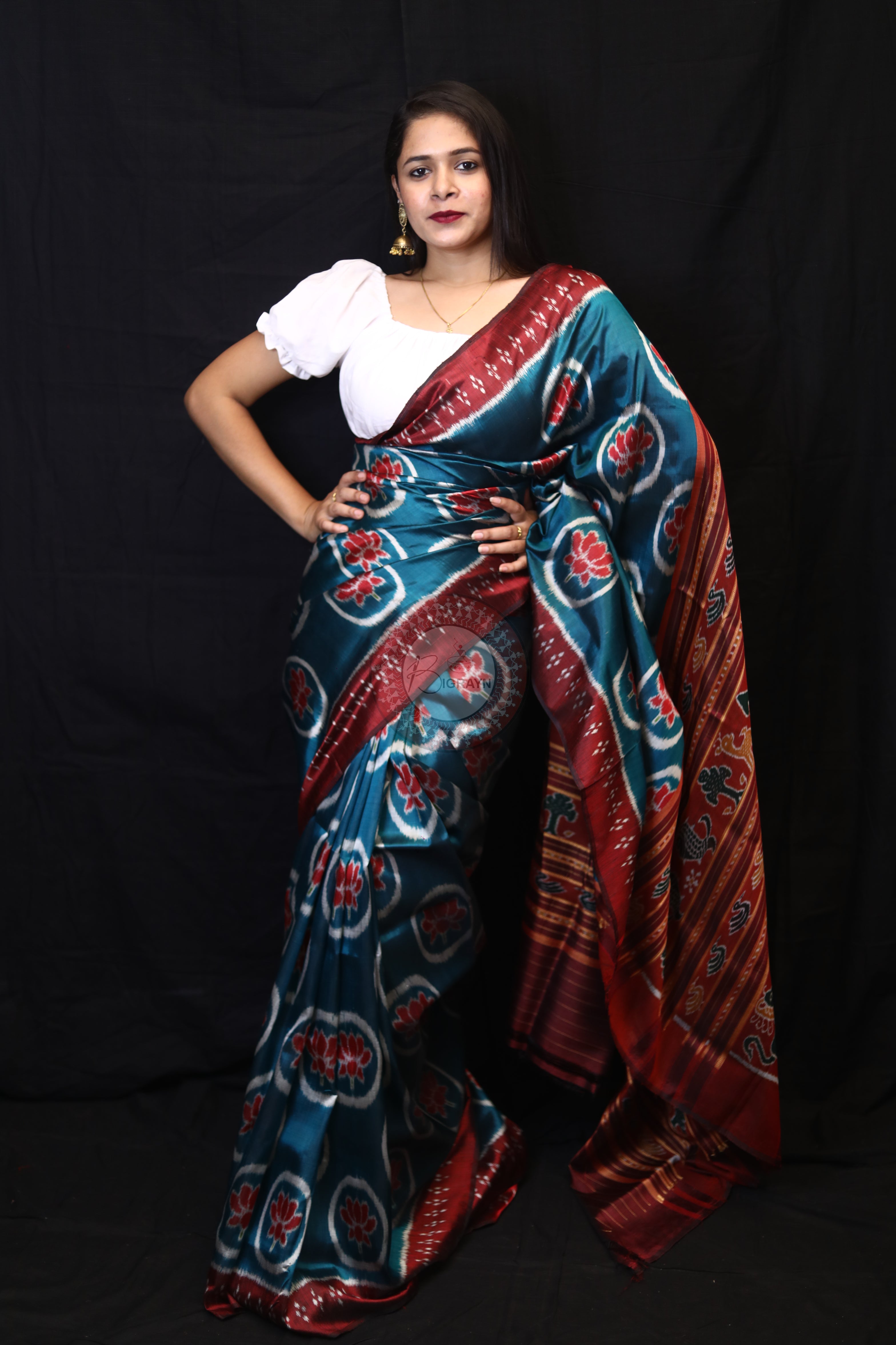 Teal Blue Circle Lotus Mulberry Silk Saree