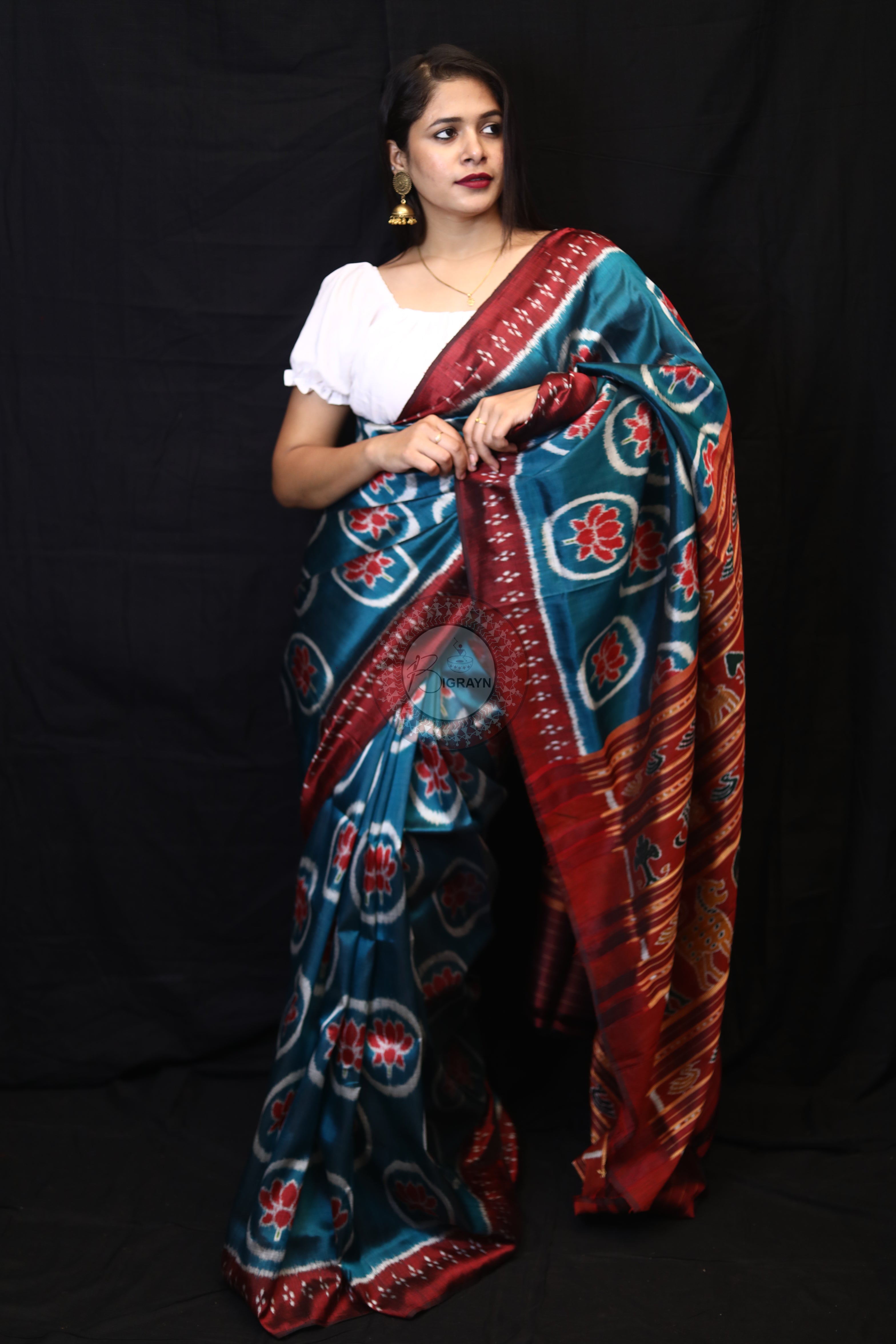 Teal Blue Circle Lotus Mulberry Silk Saree