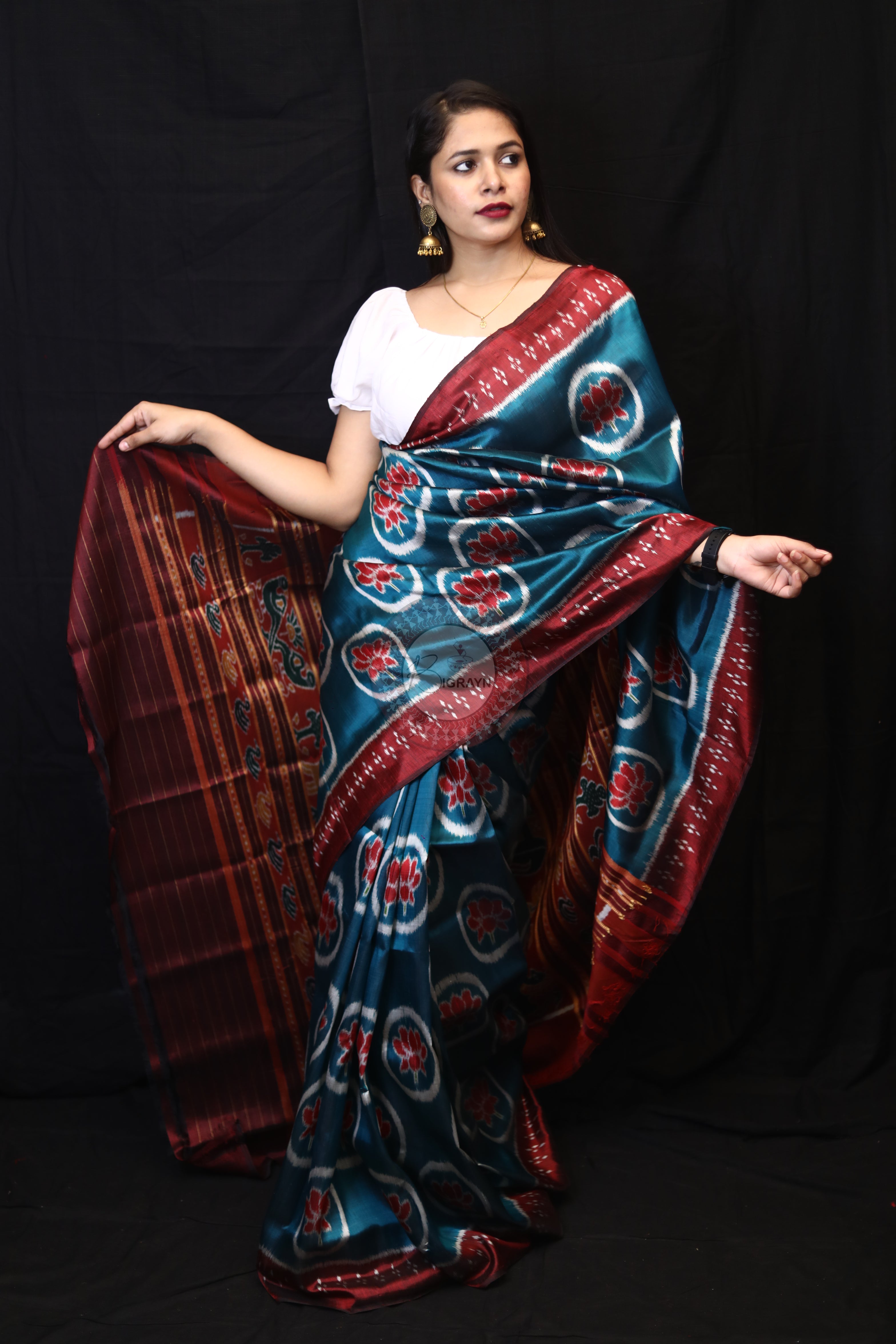 Teal Blue Circle Lotus Mulberry Silk Saree
