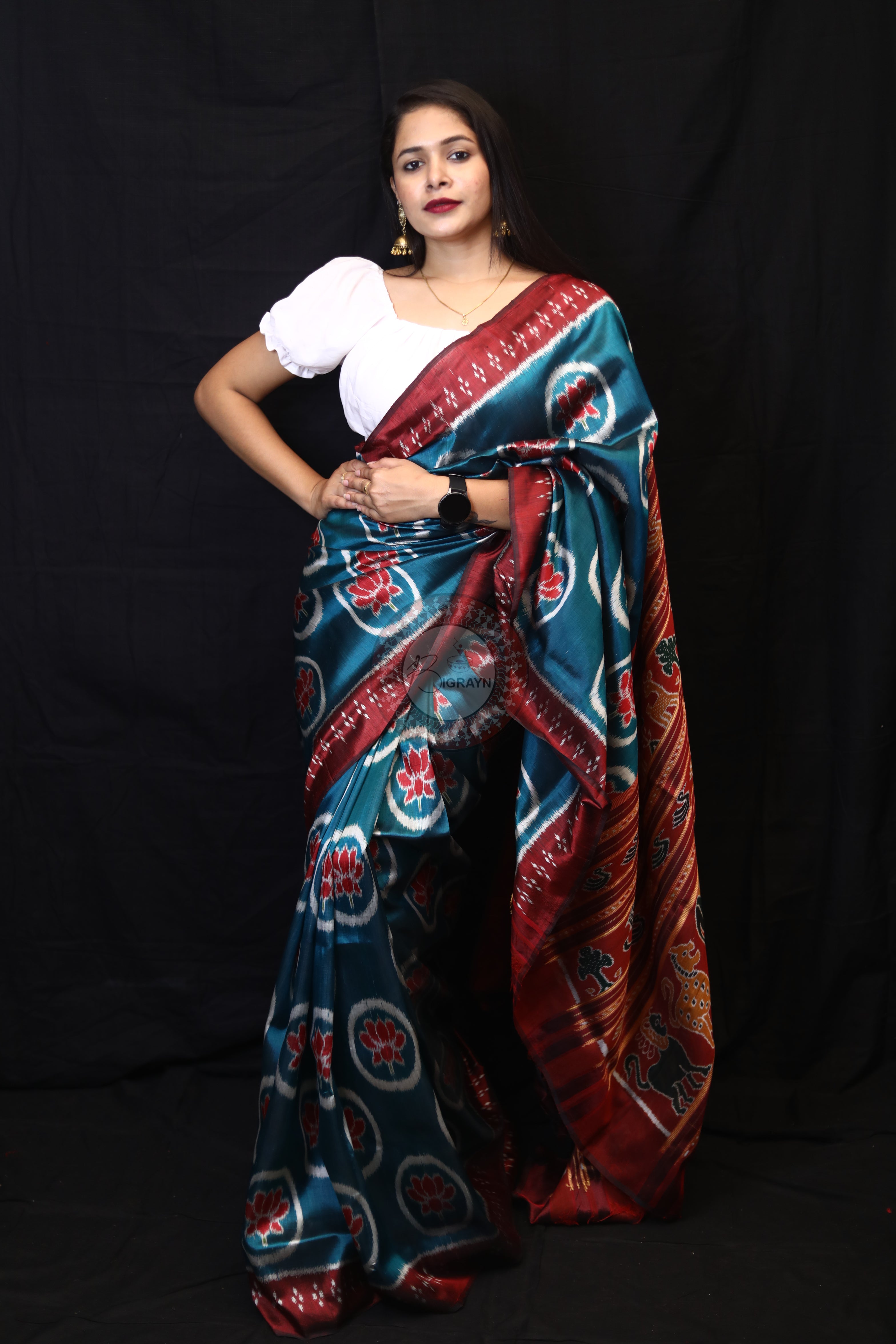 Teal Blue Circle Lotus Mulberry Silk Saree