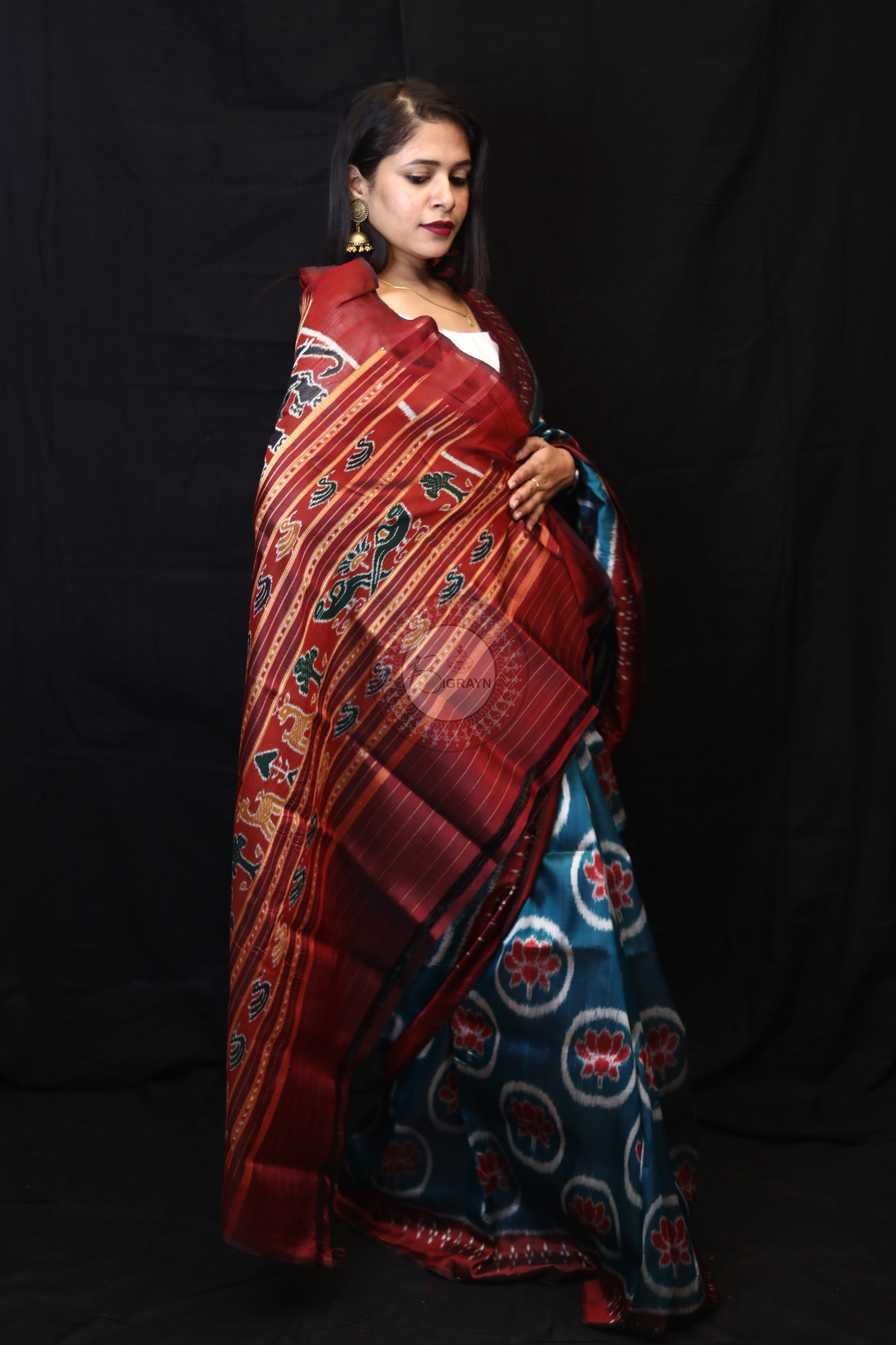 Teal Blue Circle Lotus Mulberry Silk Saree