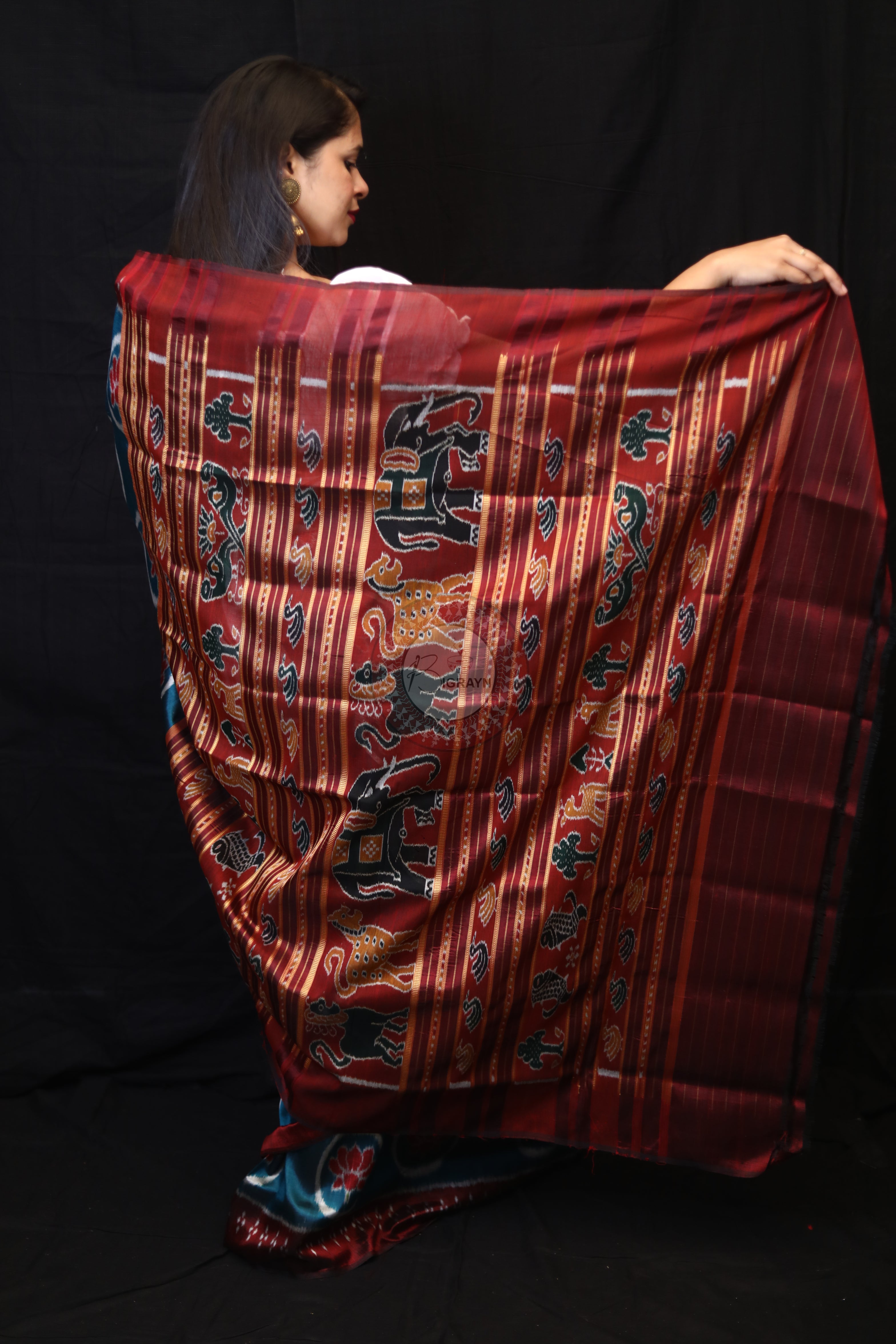 Teal Blue Circle Lotus Mulberry Silk Saree