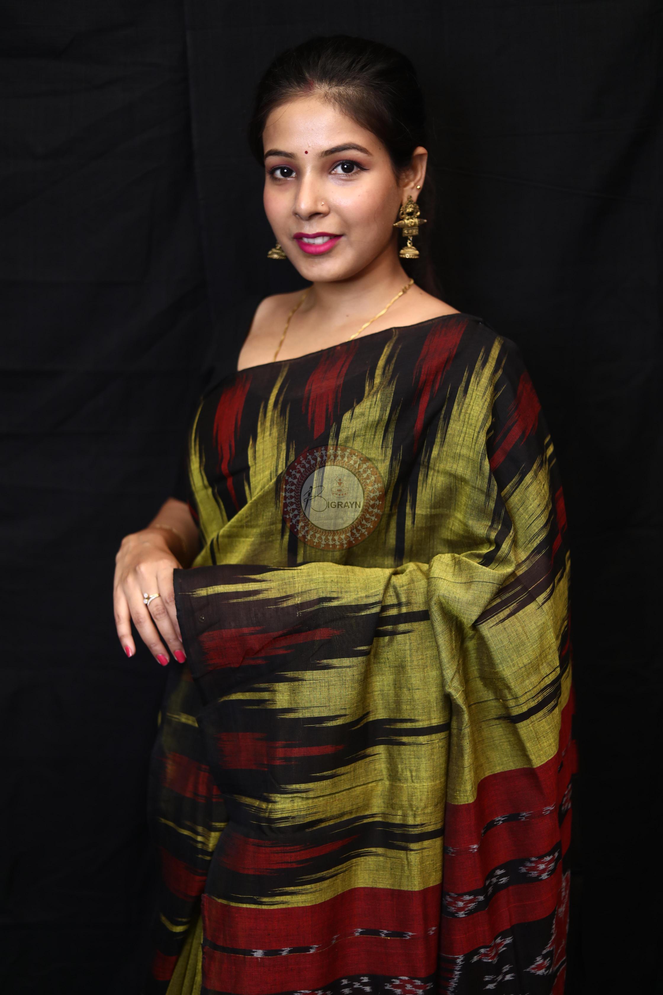 Mehndi Black Kargil Kumbha Cotton Saree