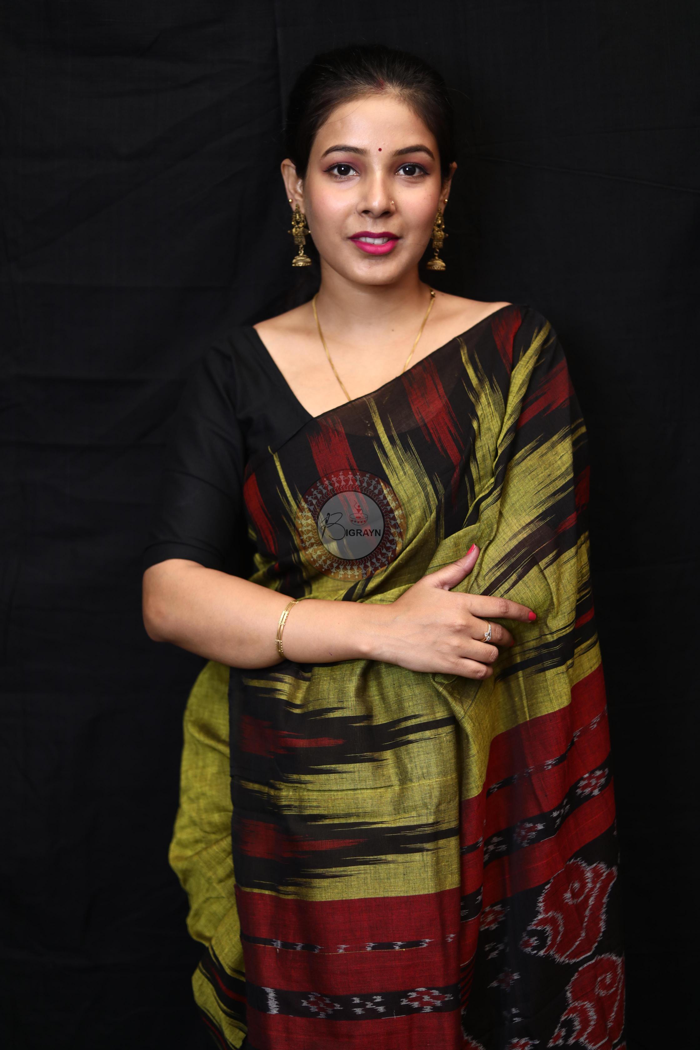 Mehndi Black Kargil Kumbha Cotton Saree