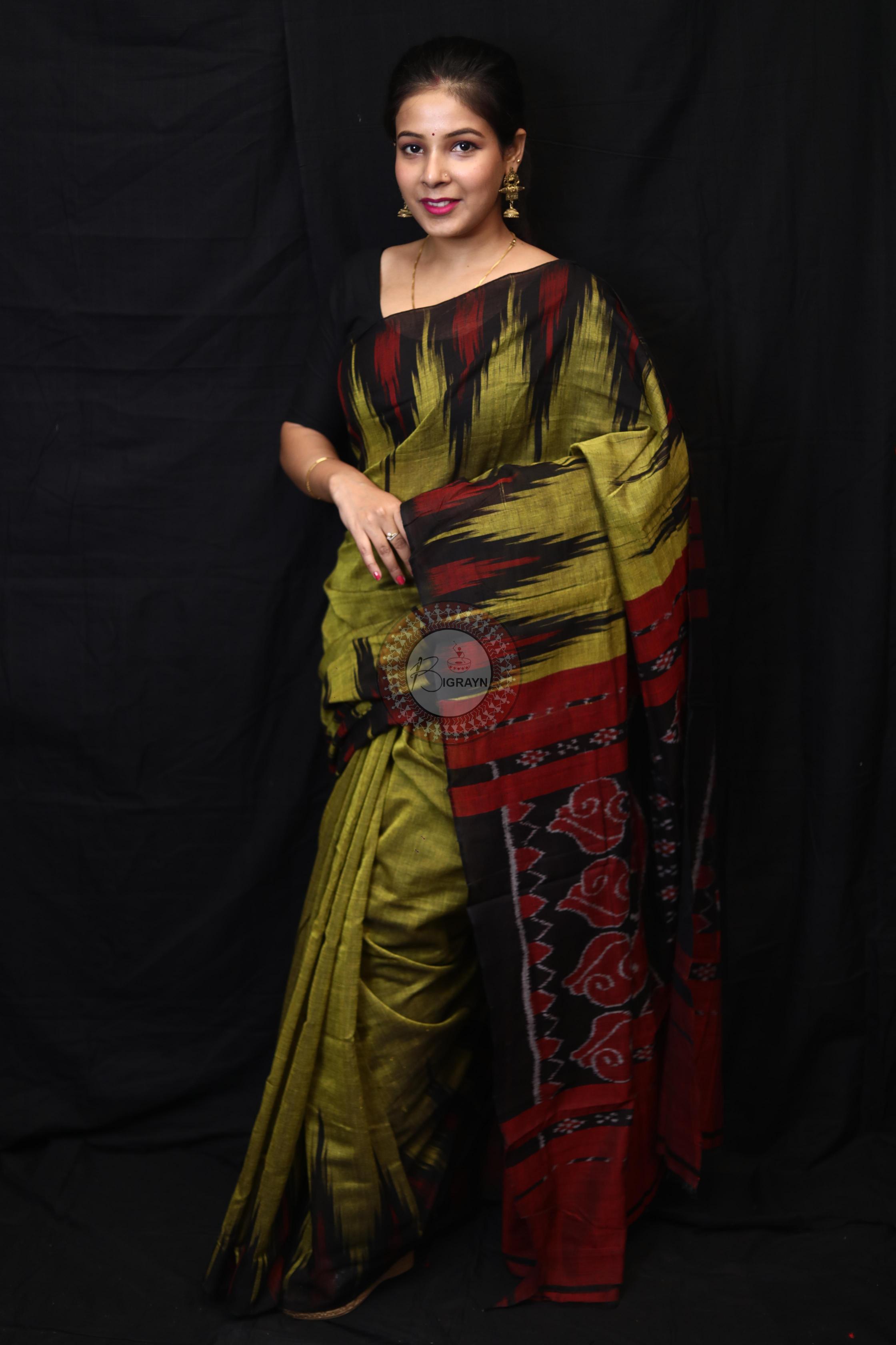 Mehndi Black Kargil Kumbha Cotton Saree