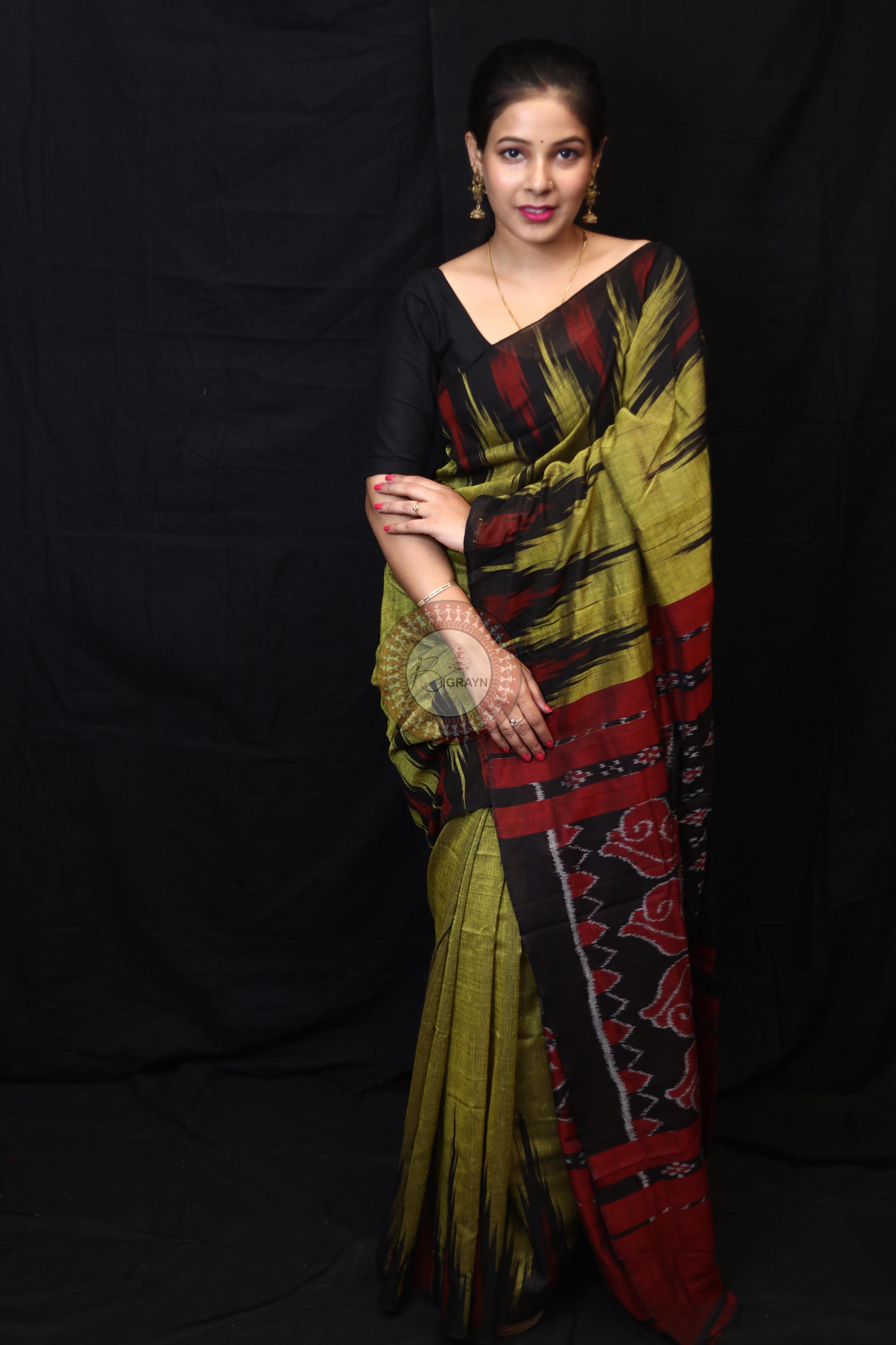 Mehndi Black Kargil Kumbha Cotton Saree