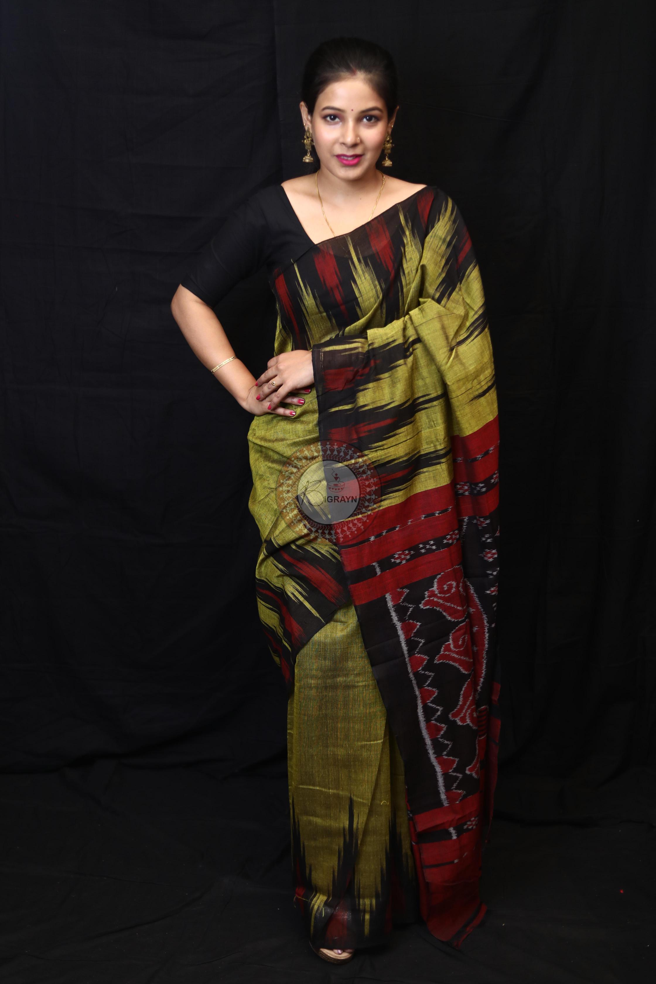 Mehndi Black Kargil Kumbha Cotton Saree