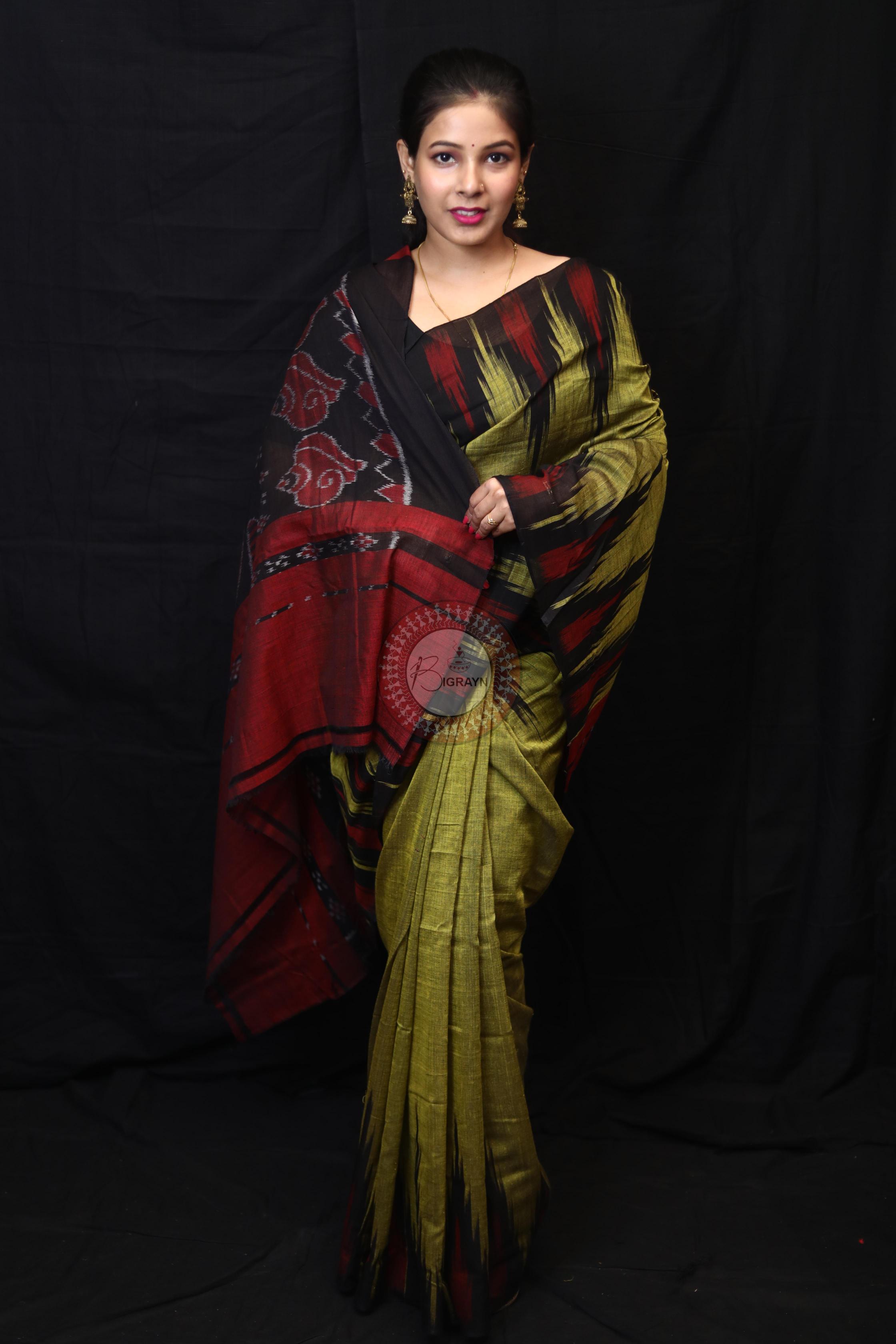 Mehndi Black Kargil Kumbha Cotton Saree