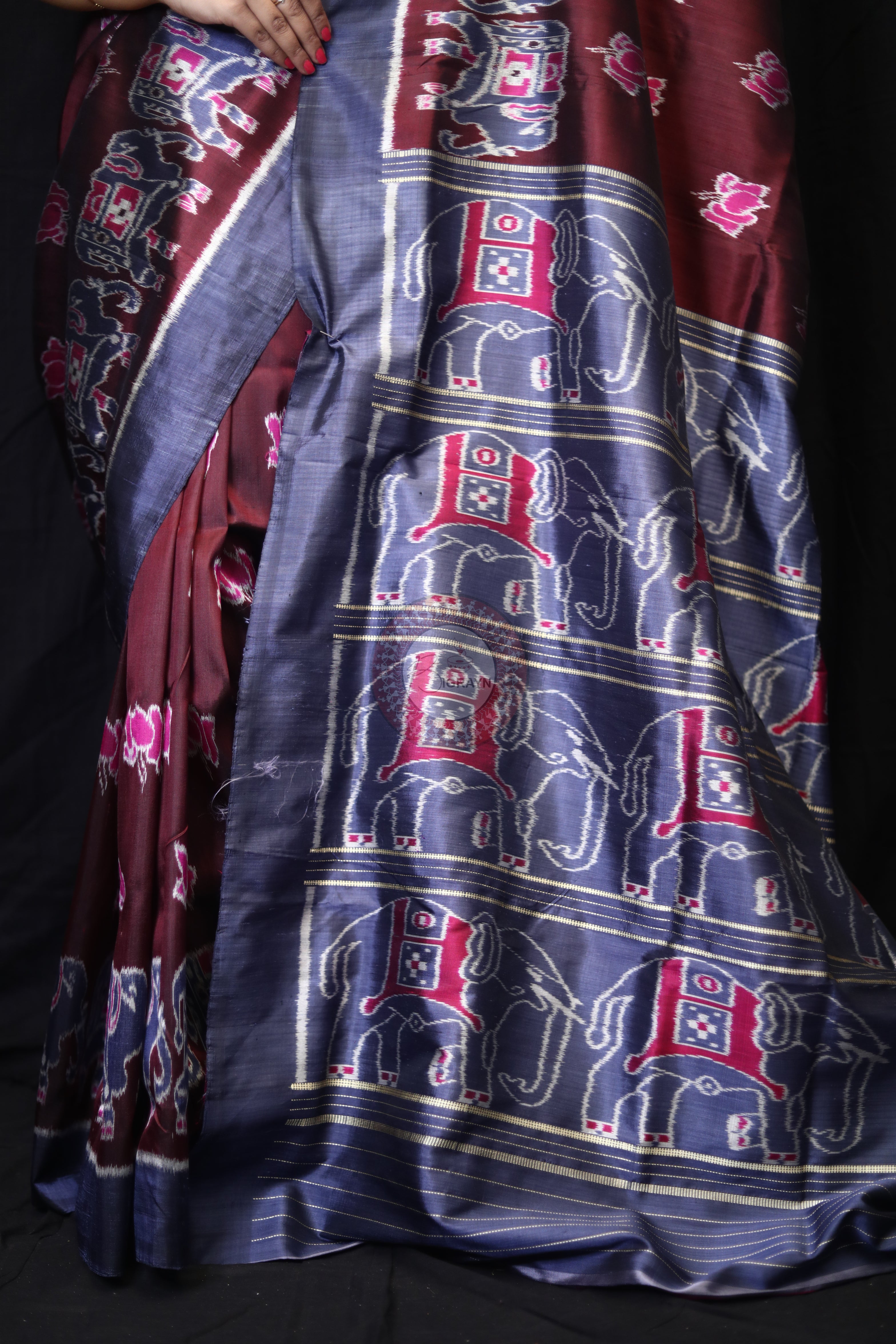 Maroon Lotus Elephant Mulberry Silk Saree