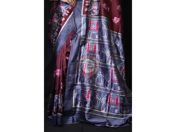 Maroon Lotus Elephant Mulberry Silk Saree