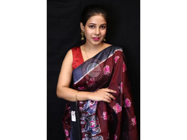 Maroon Lotus Elephant Mulberry Silk Saree