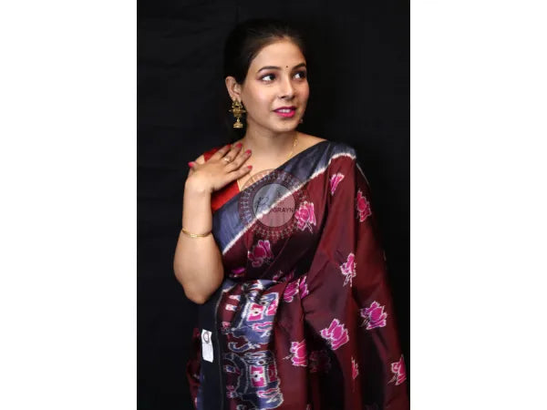 Maroon Lotus Elephant Mulberry Silk Saree