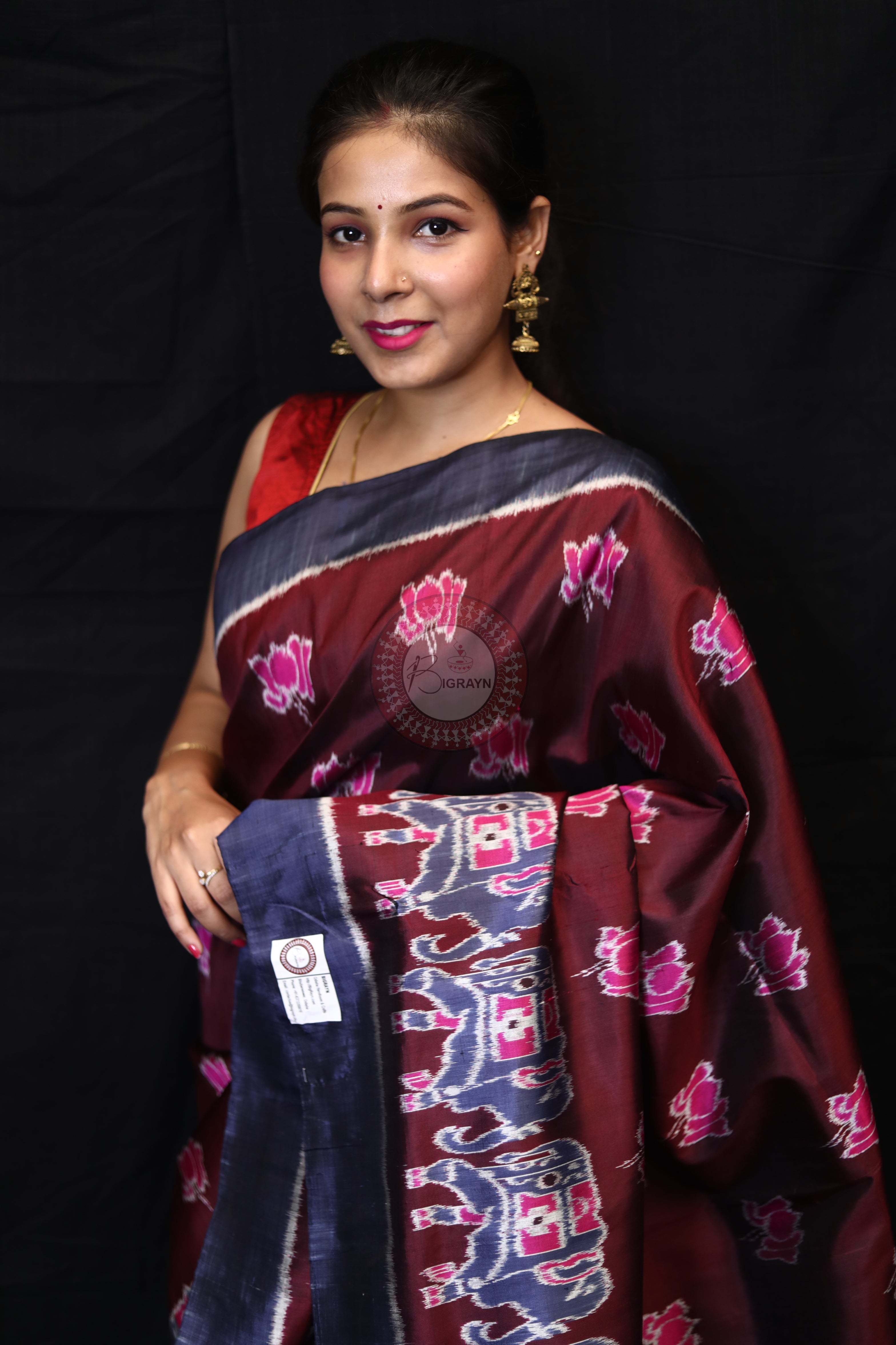 Maroon Lotus Elephant Mulberry Silk Saree