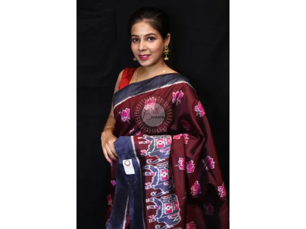 Maroon Lotus Elephant Mulberry Silk Saree