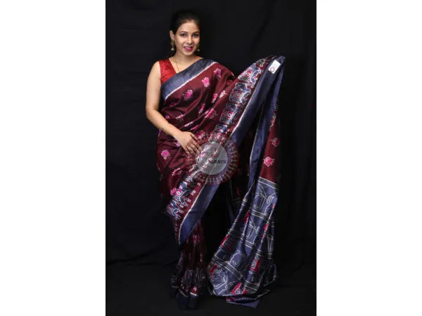 Maroon Lotus Elephant Mulberry Silk Saree
