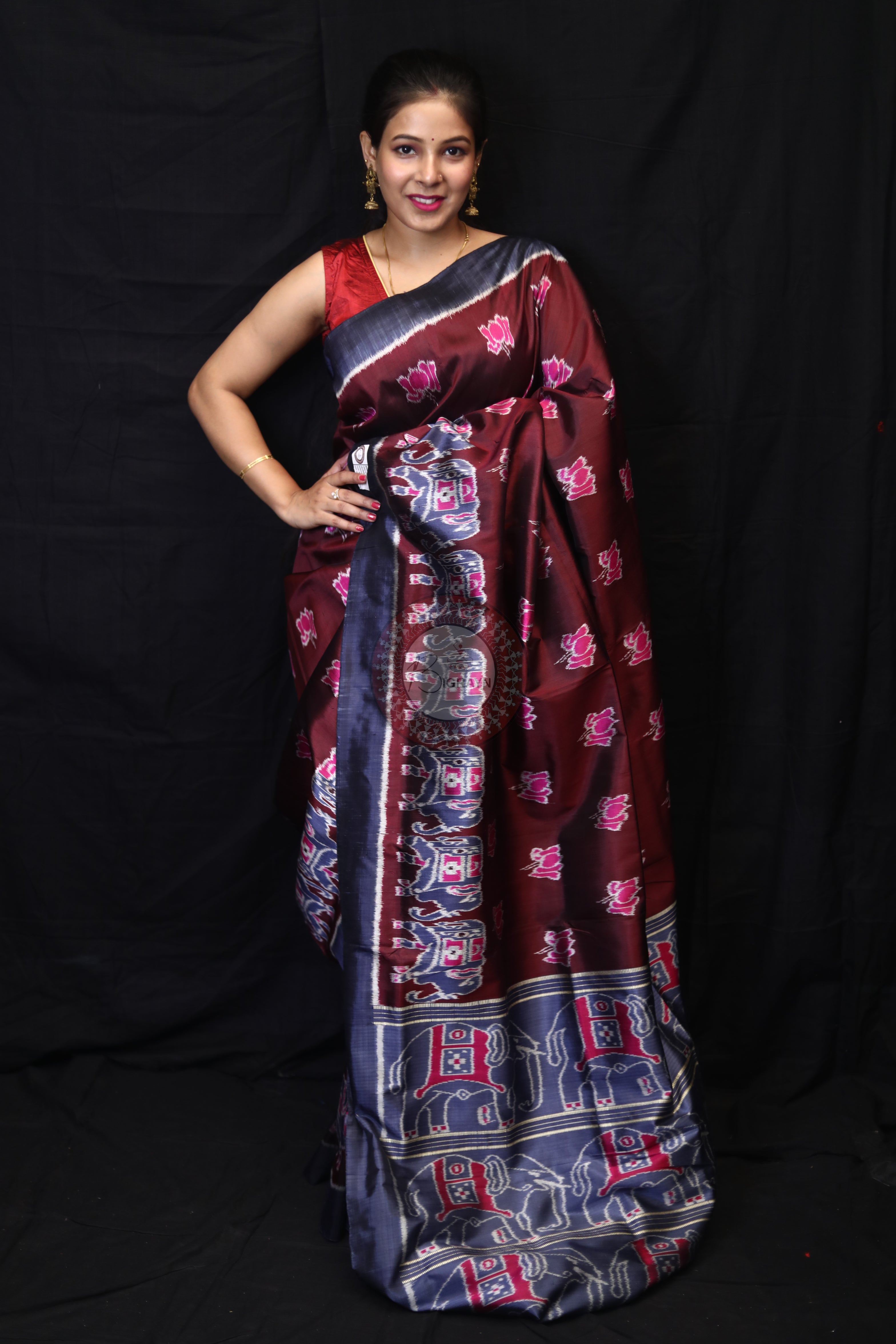 Maroon Lotus Elephant Mulberry Silk Saree