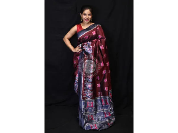 Maroon Lotus Elephant Mulberry Silk Saree