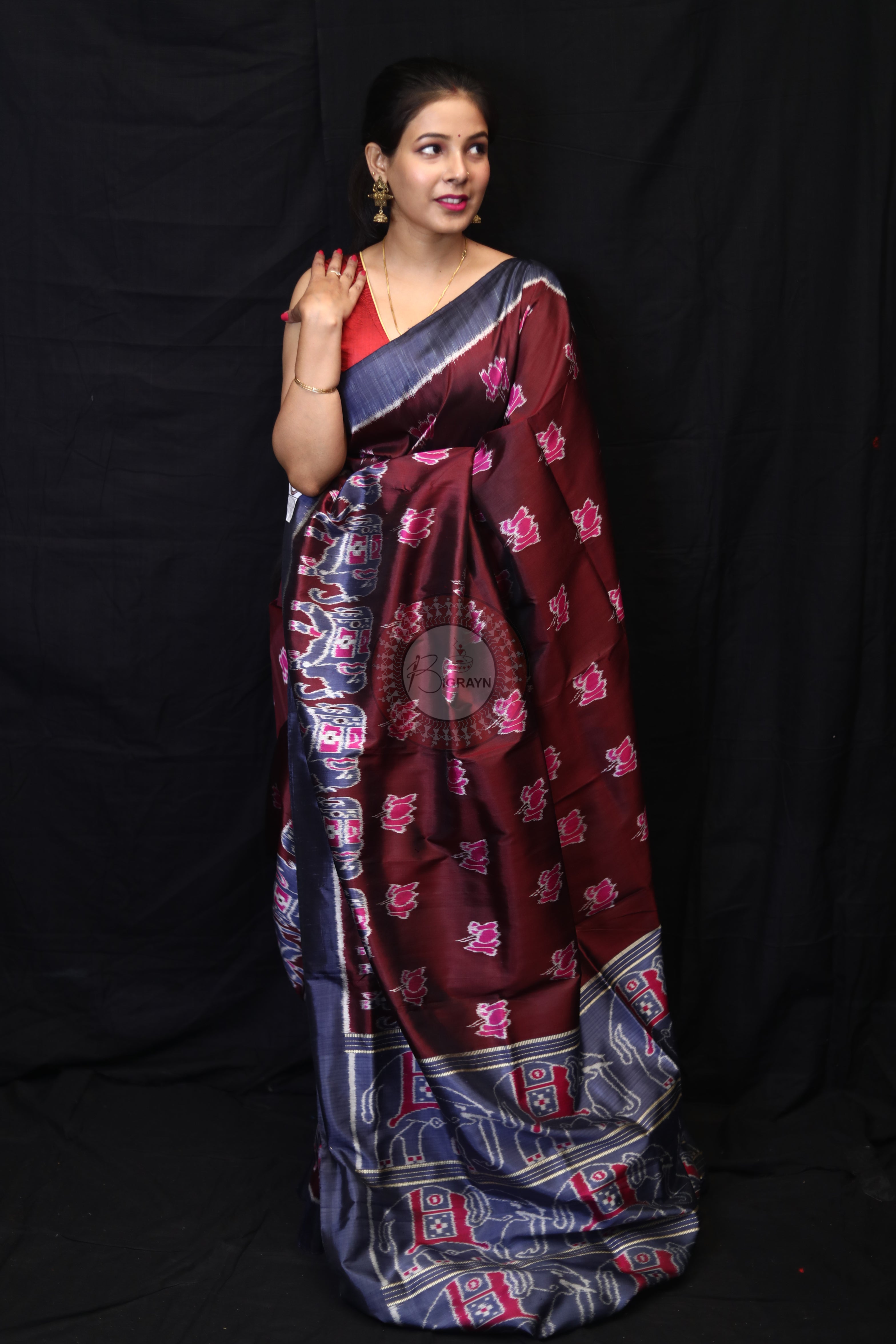 Maroon Lotus Elephant Mulberry Silk Saree