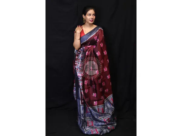 Maroon Lotus Elephant Mulberry Silk Saree