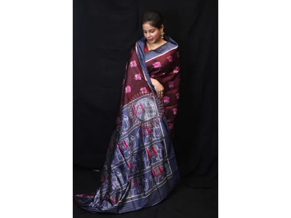 Maroon Lotus Elephant Mulberry Silk Saree