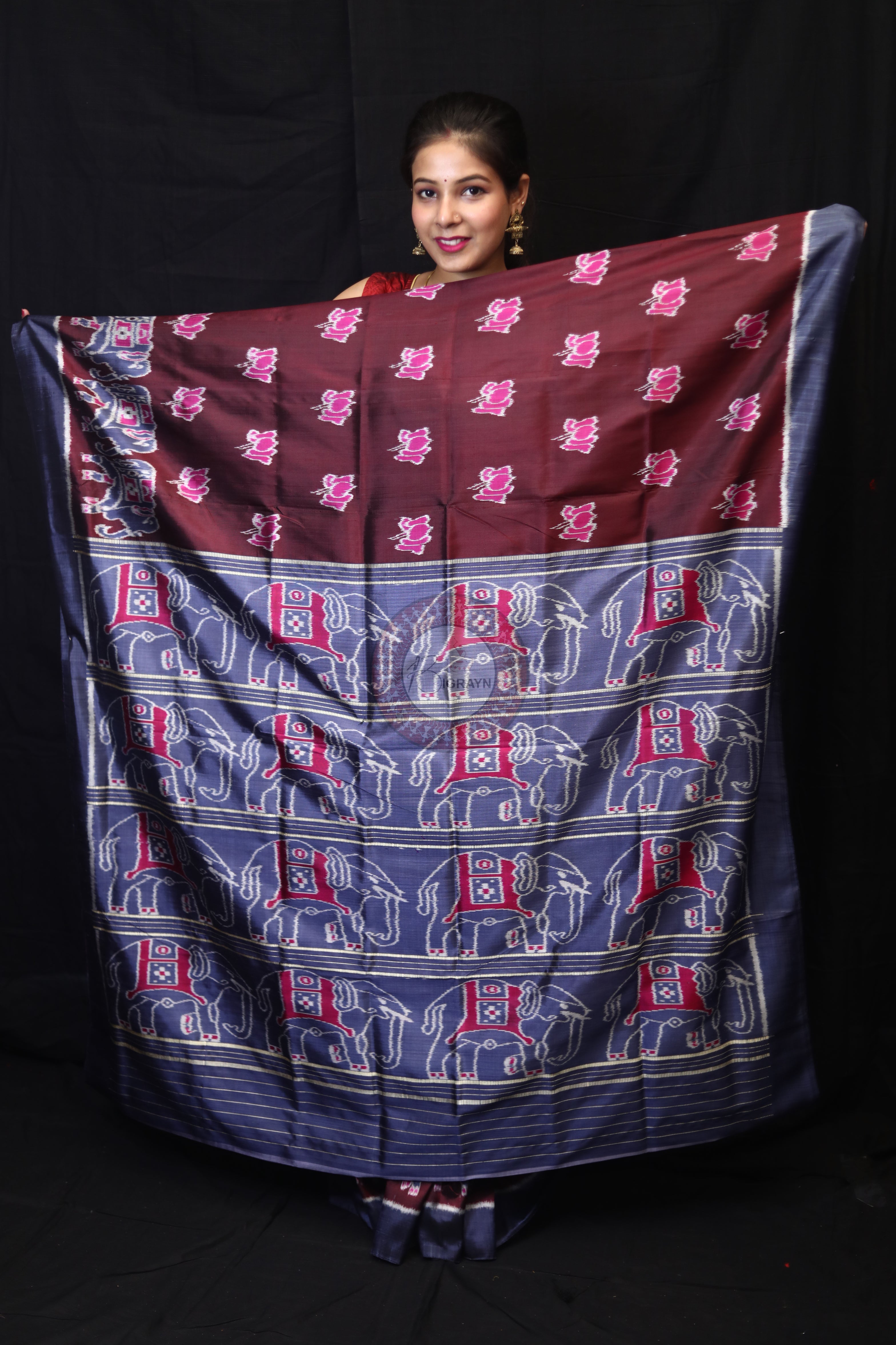 Maroon Lotus Elephant Mulberry Silk Saree
