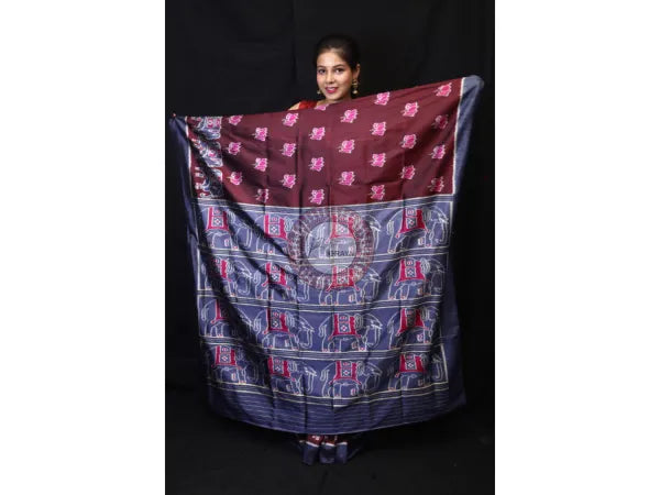 Maroon Lotus Elephant Mulberry Silk Saree