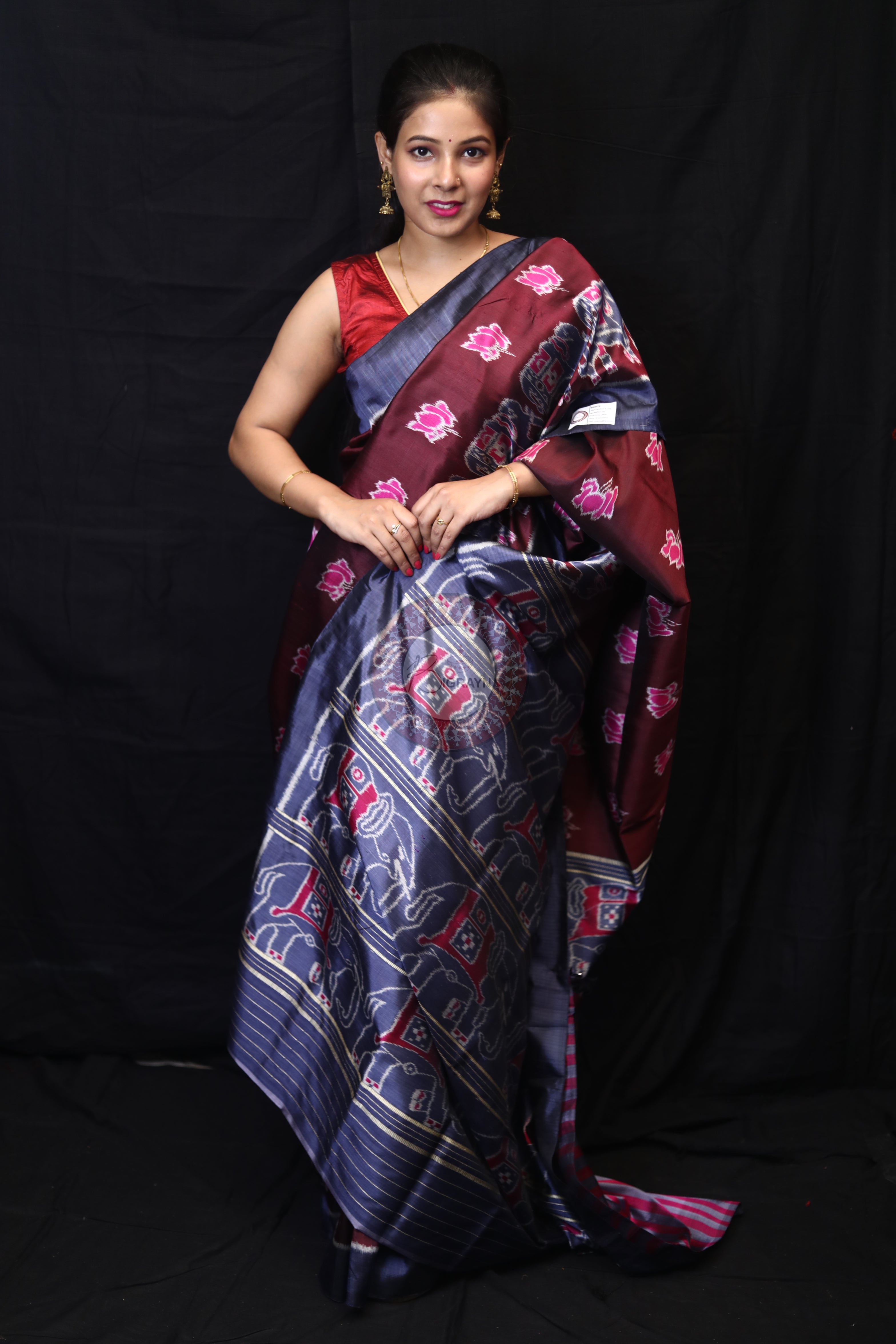 Maroon Lotus Elephant Mulberry Silk Saree