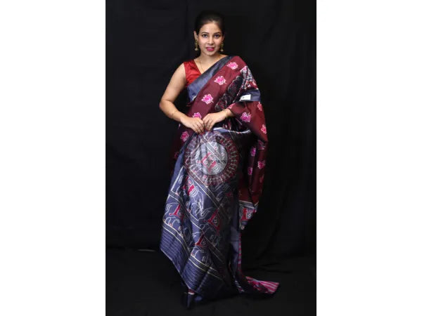 Maroon Lotus Elephant Mulberry Silk Saree