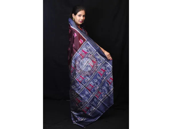 Maroon Lotus Elephant Mulberry Silk Saree