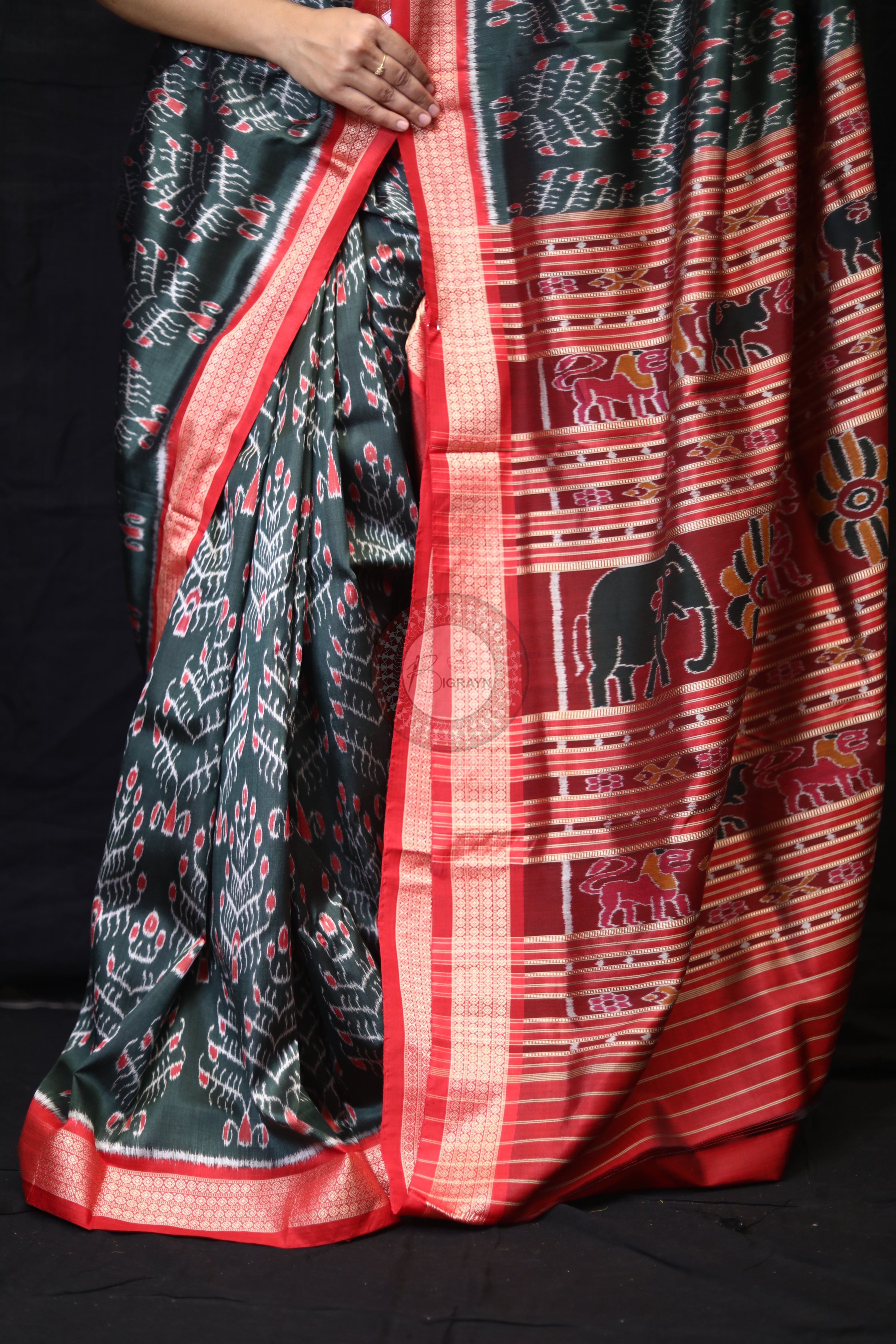 Olive Green Tribal Tree Mulberry Silk Saree