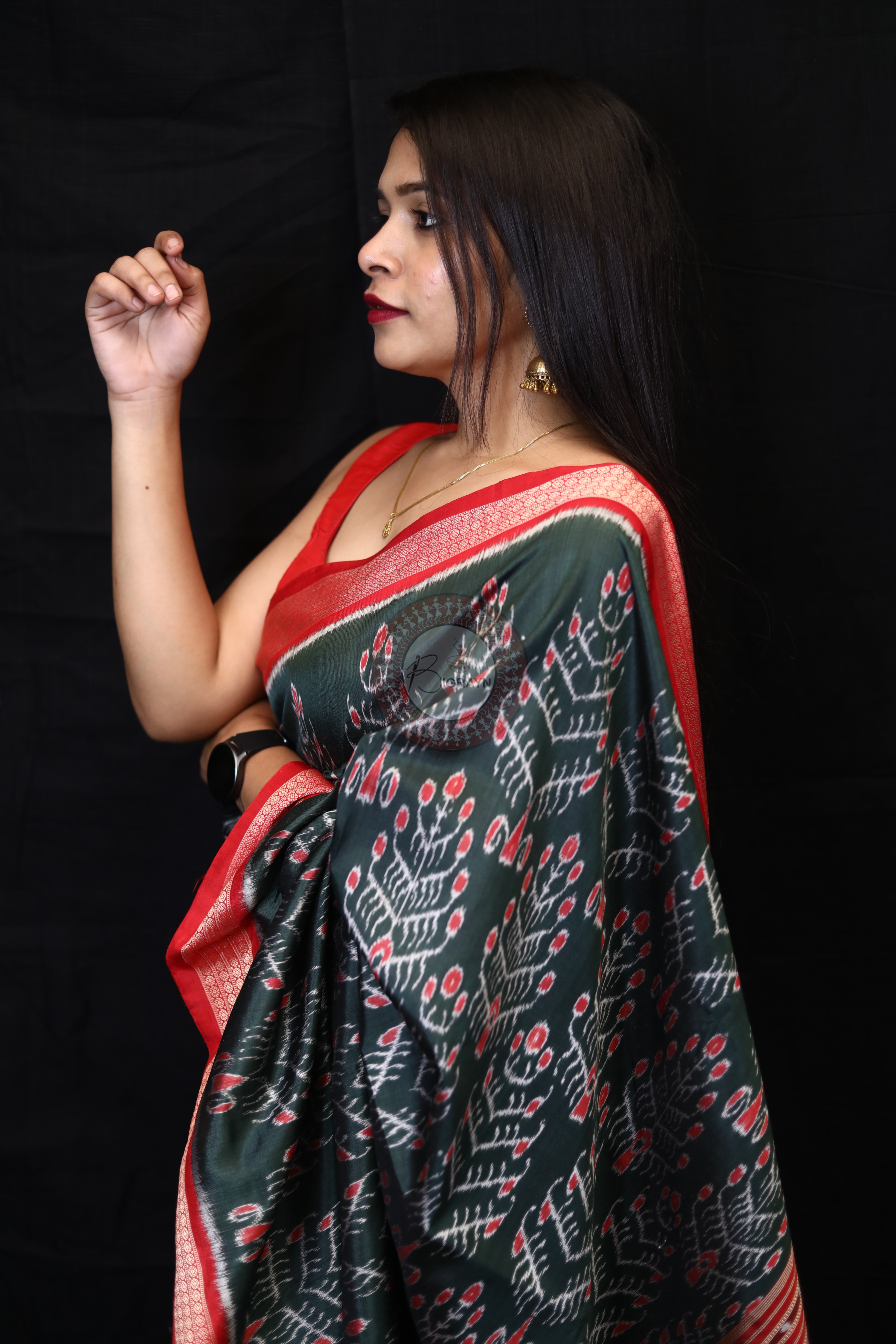 Olive Green Tribal Tree Mulberry Silk Saree