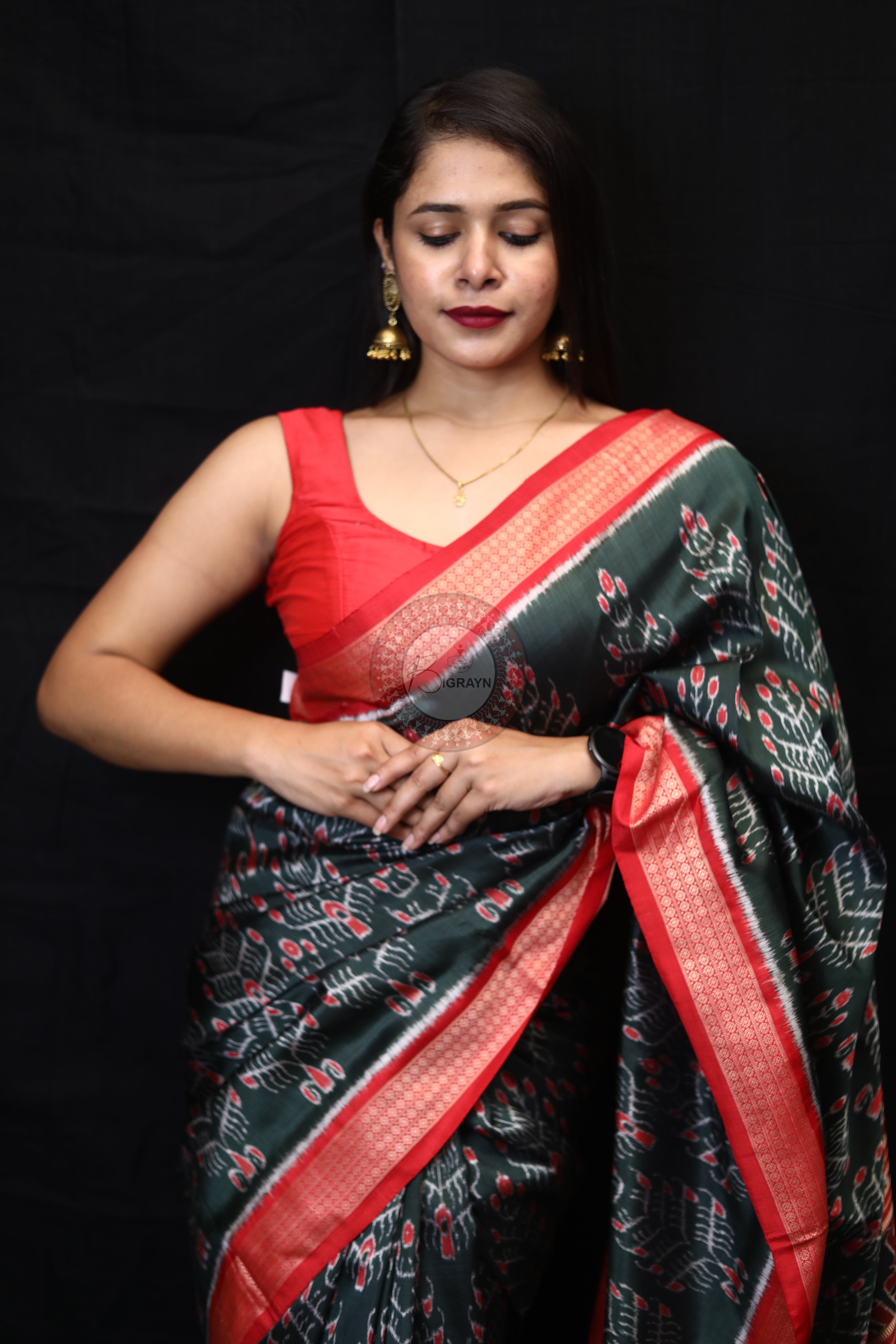 Olive Green Tribal Tree Mulberry Silk Saree