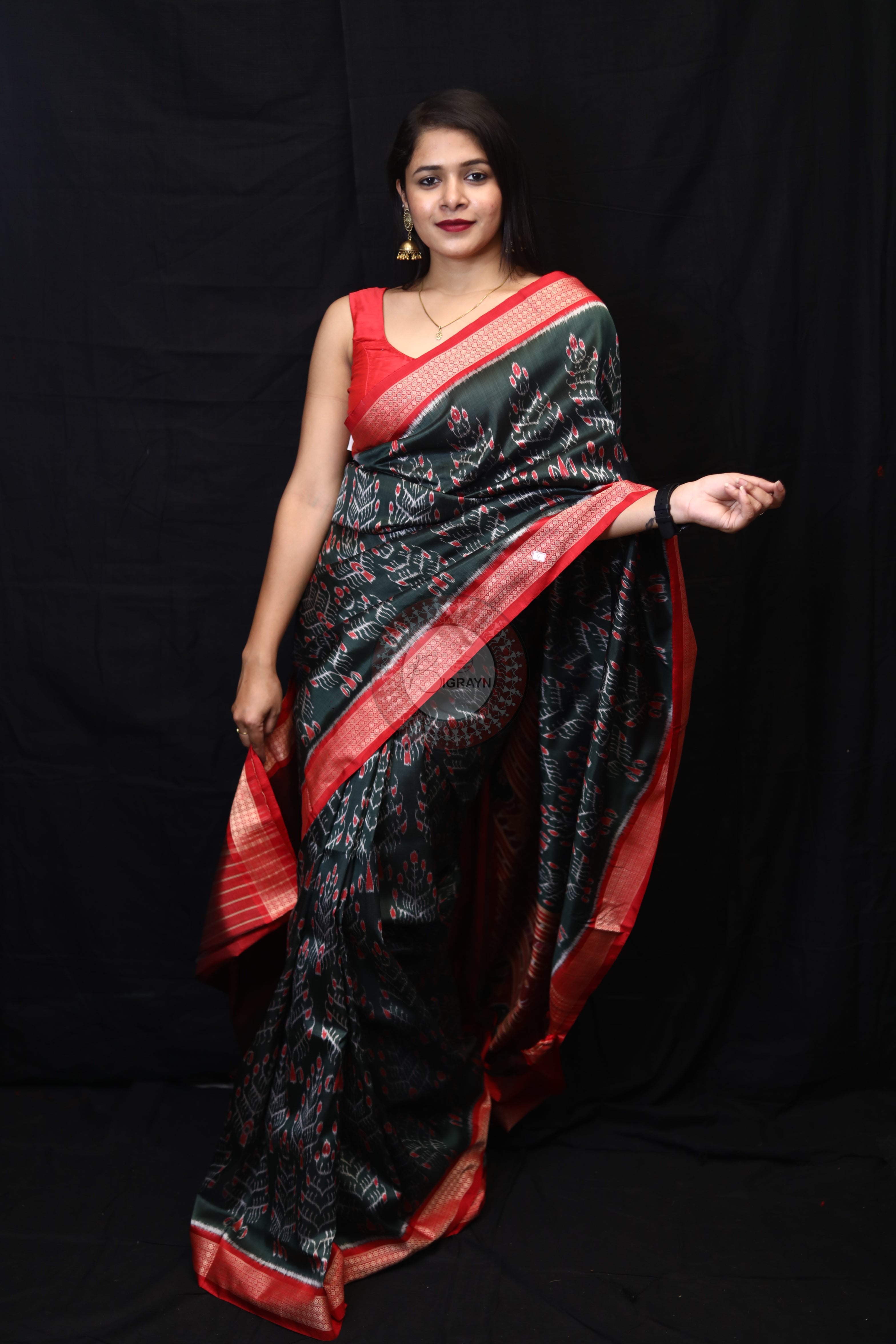 Olive Green Tribal Tree Mulberry Silk Saree