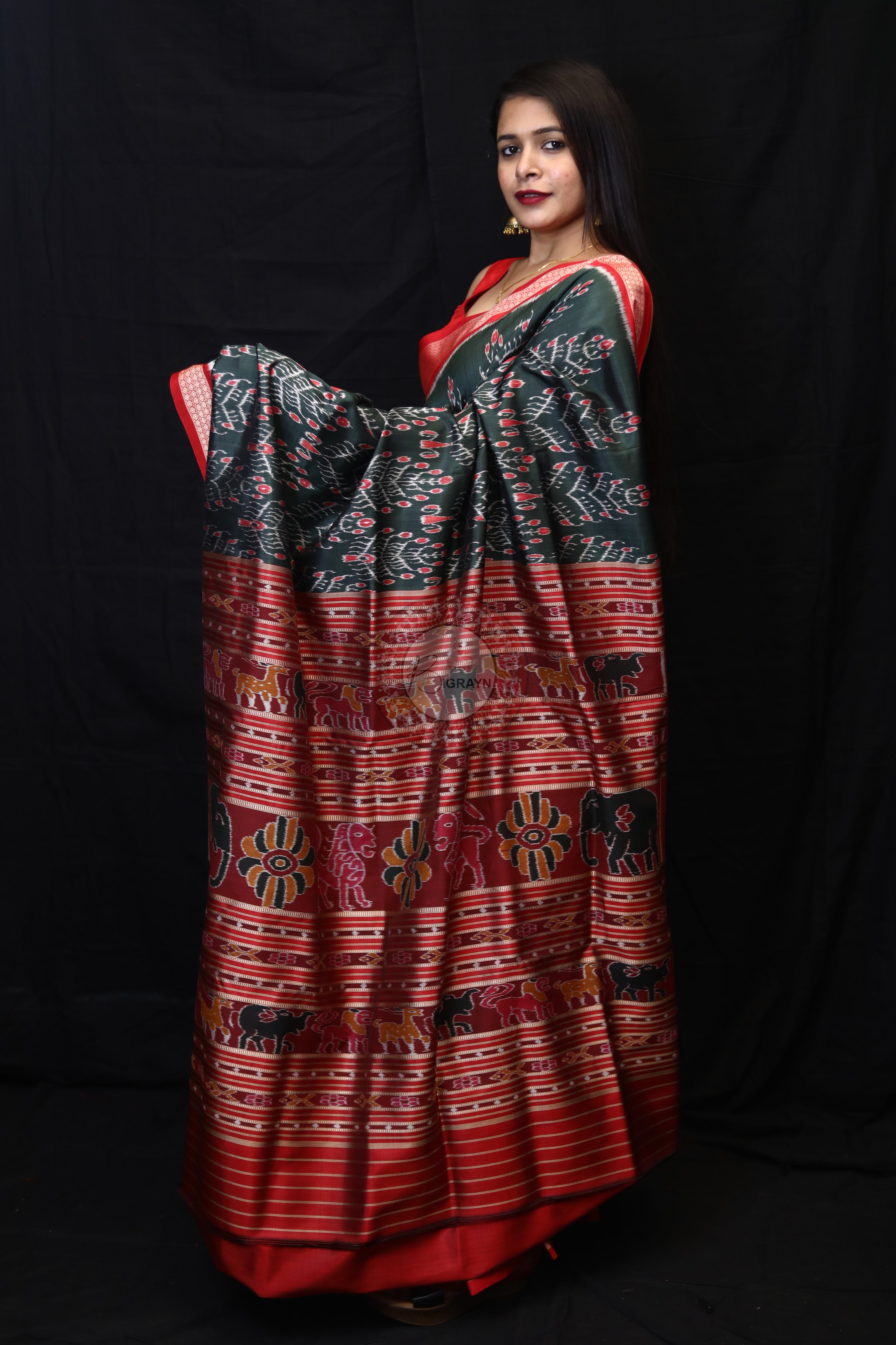 Olive Green Tribal Tree Mulberry Silk Saree