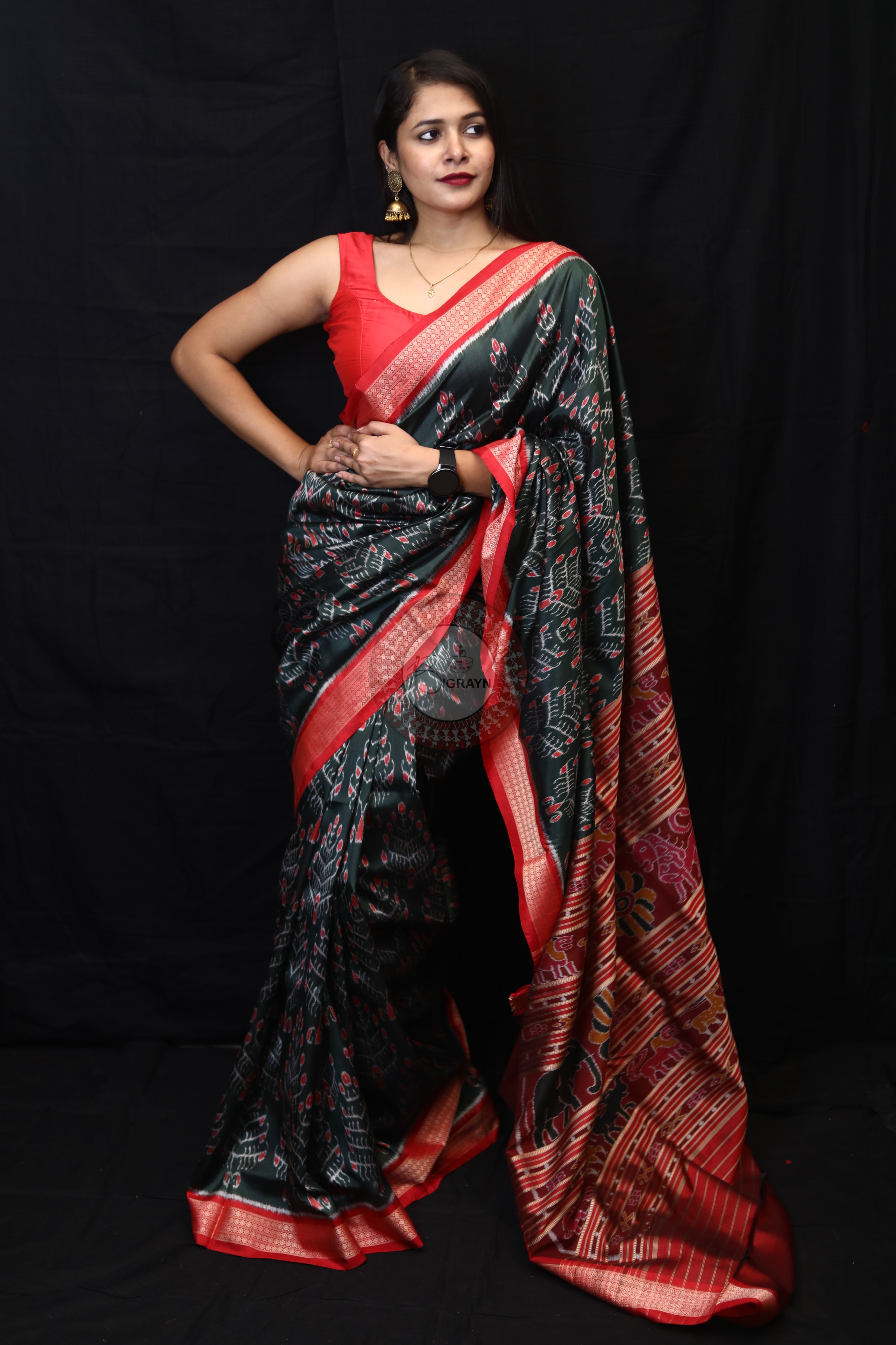 Olive Green Tribal Tree Mulberry Silk Saree