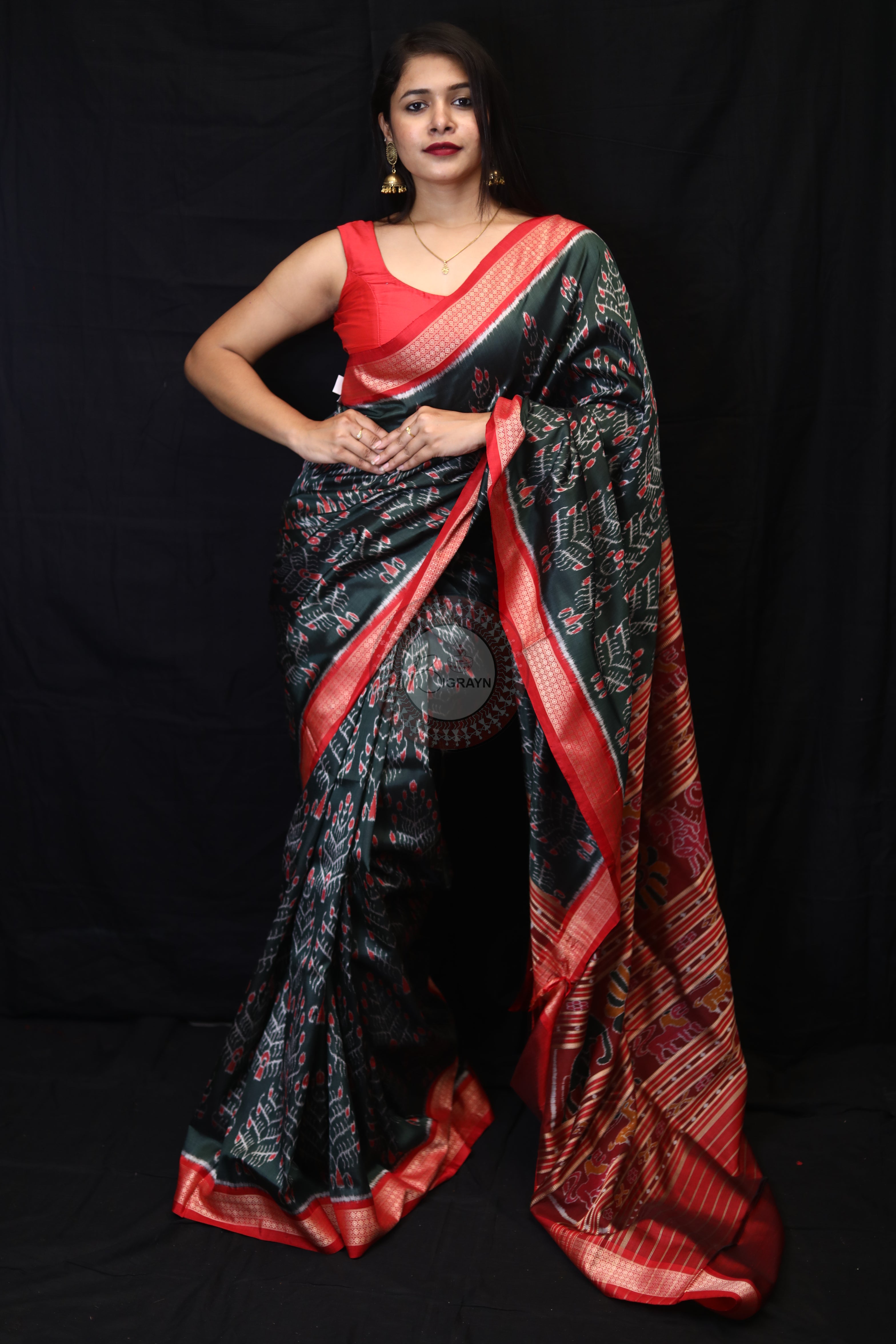 Olive Green Tribal Tree Mulberry Silk Saree