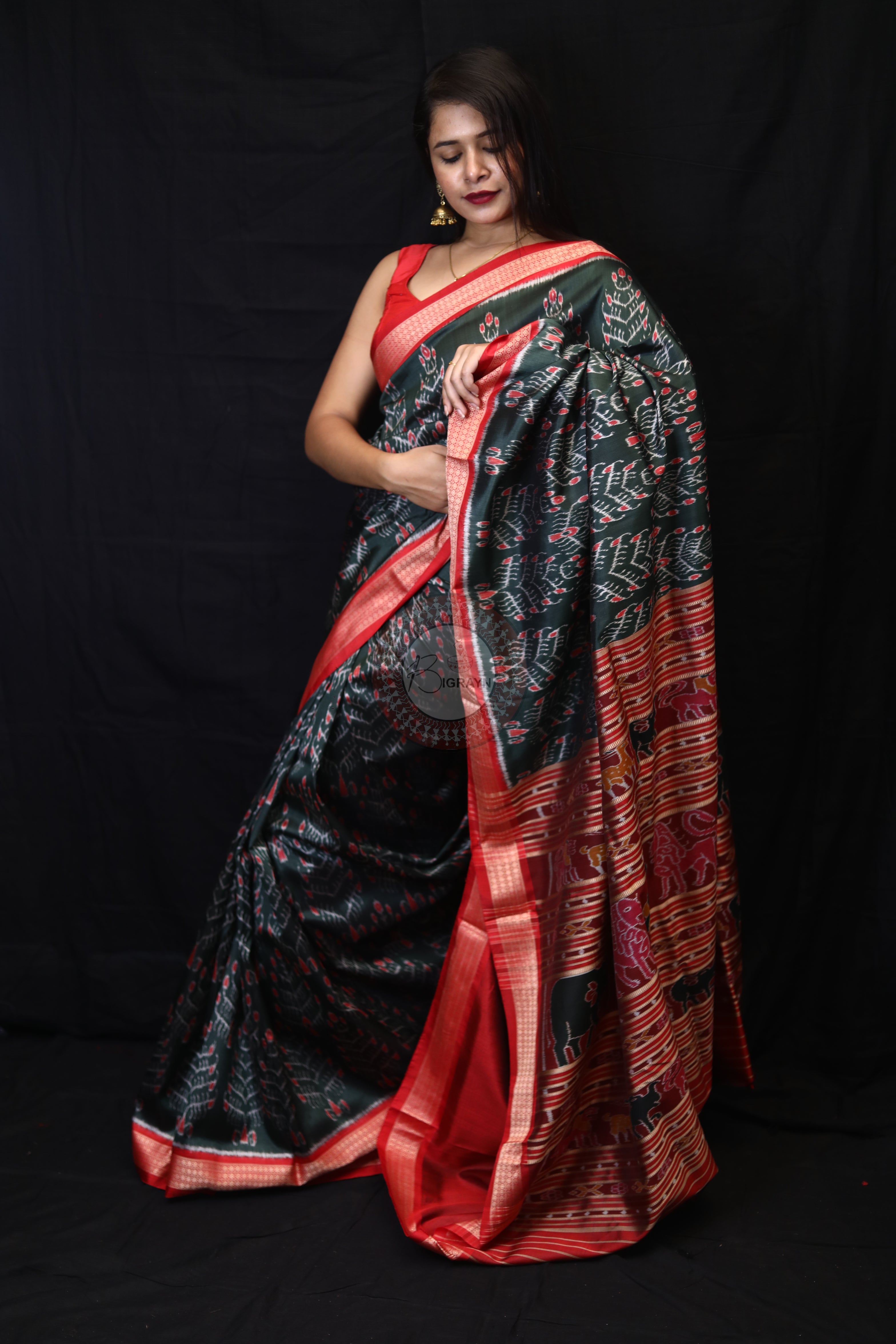 Olive Green Tribal Tree Mulberry Silk Saree