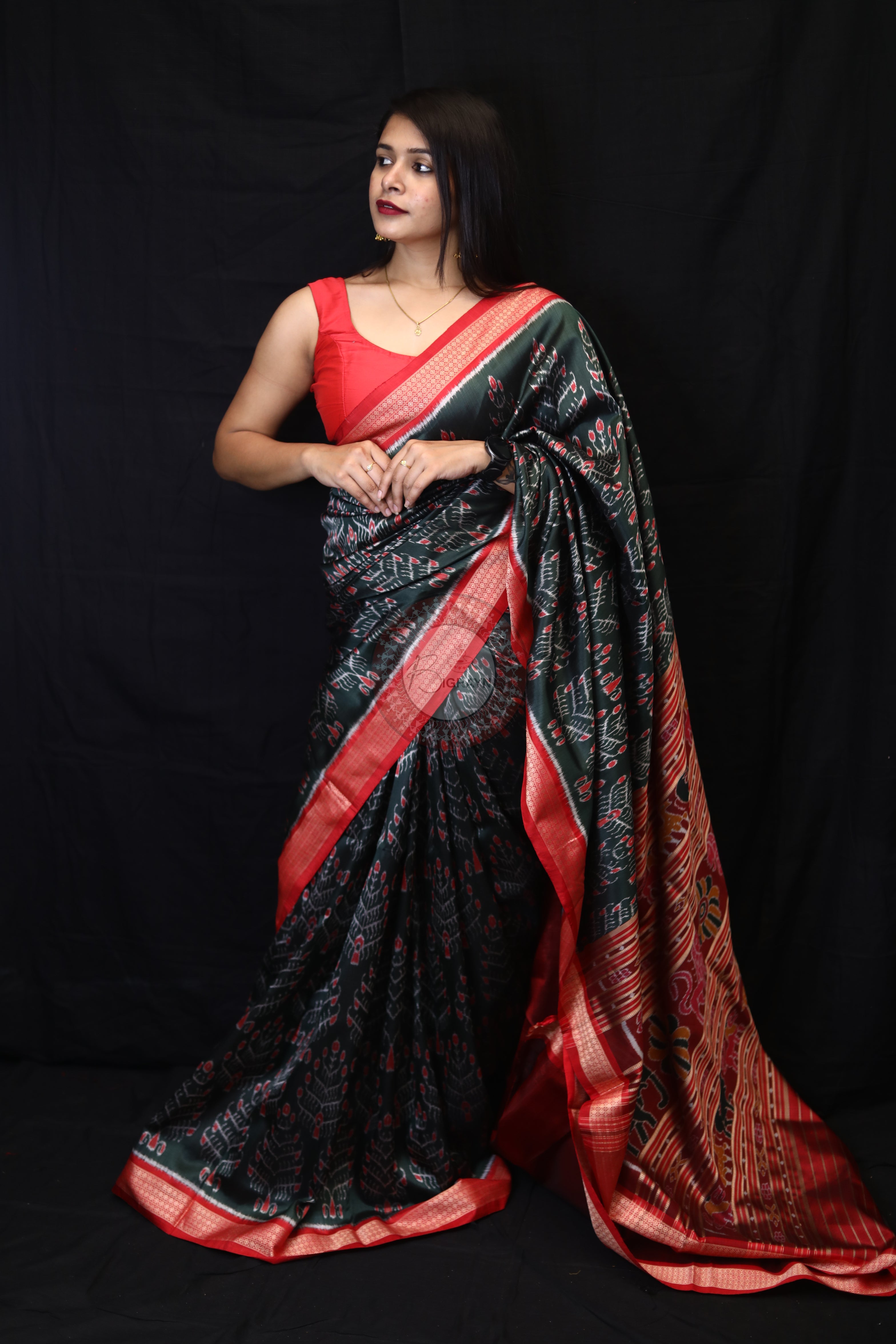 Olive Green Tribal Tree Mulberry Silk Saree