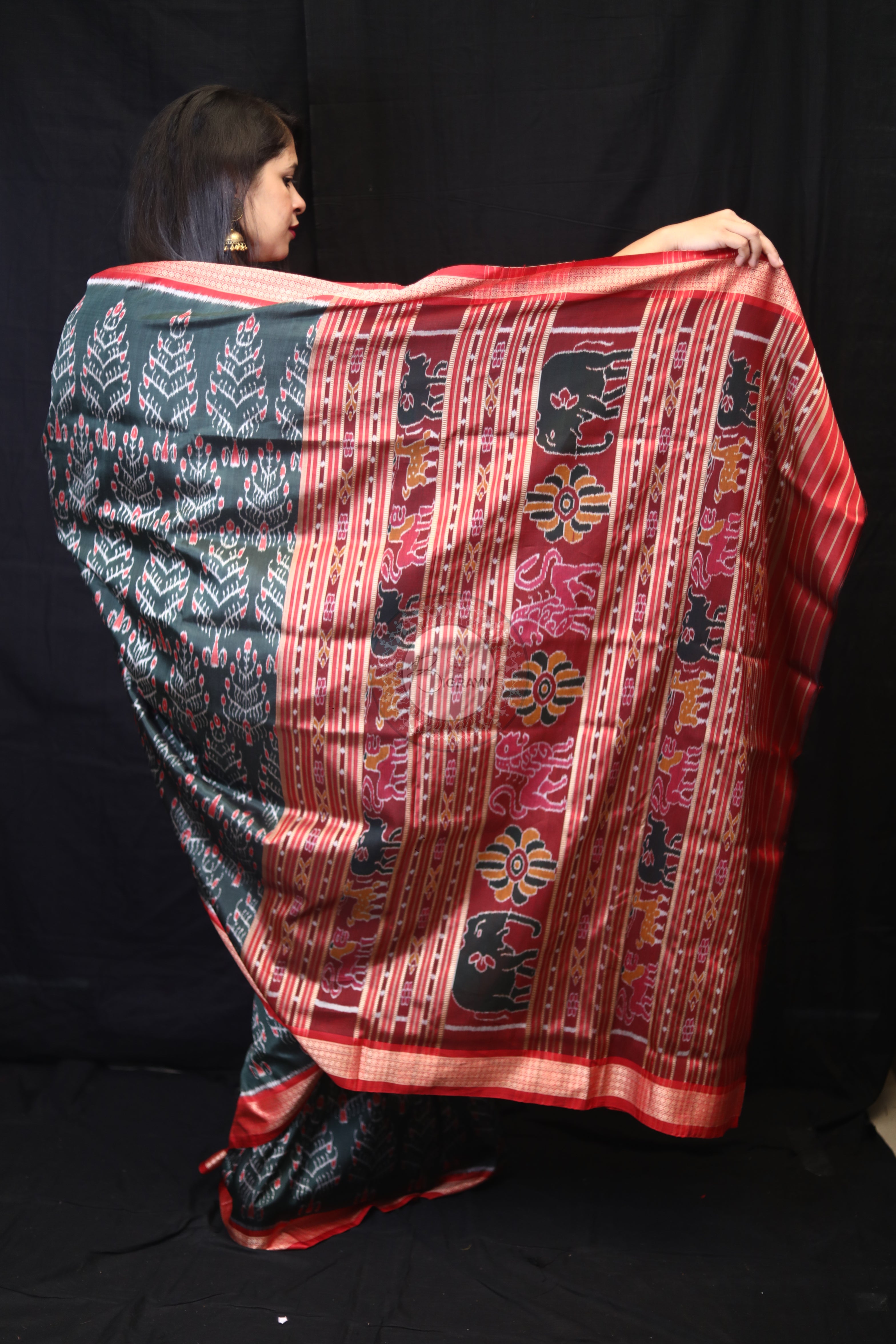 Olive Green Tribal Tree Mulberry Silk Saree